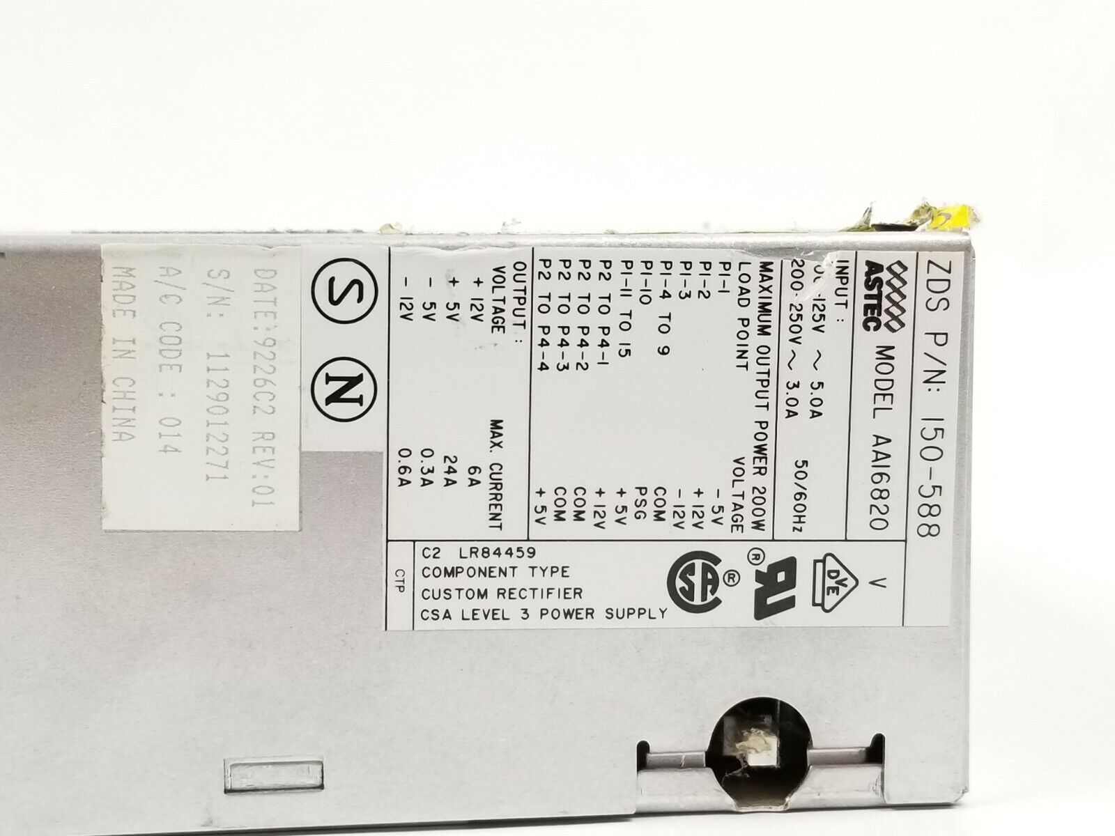 Zenith Data Systems 150-588 200W Power Supply ASTEC AA16820