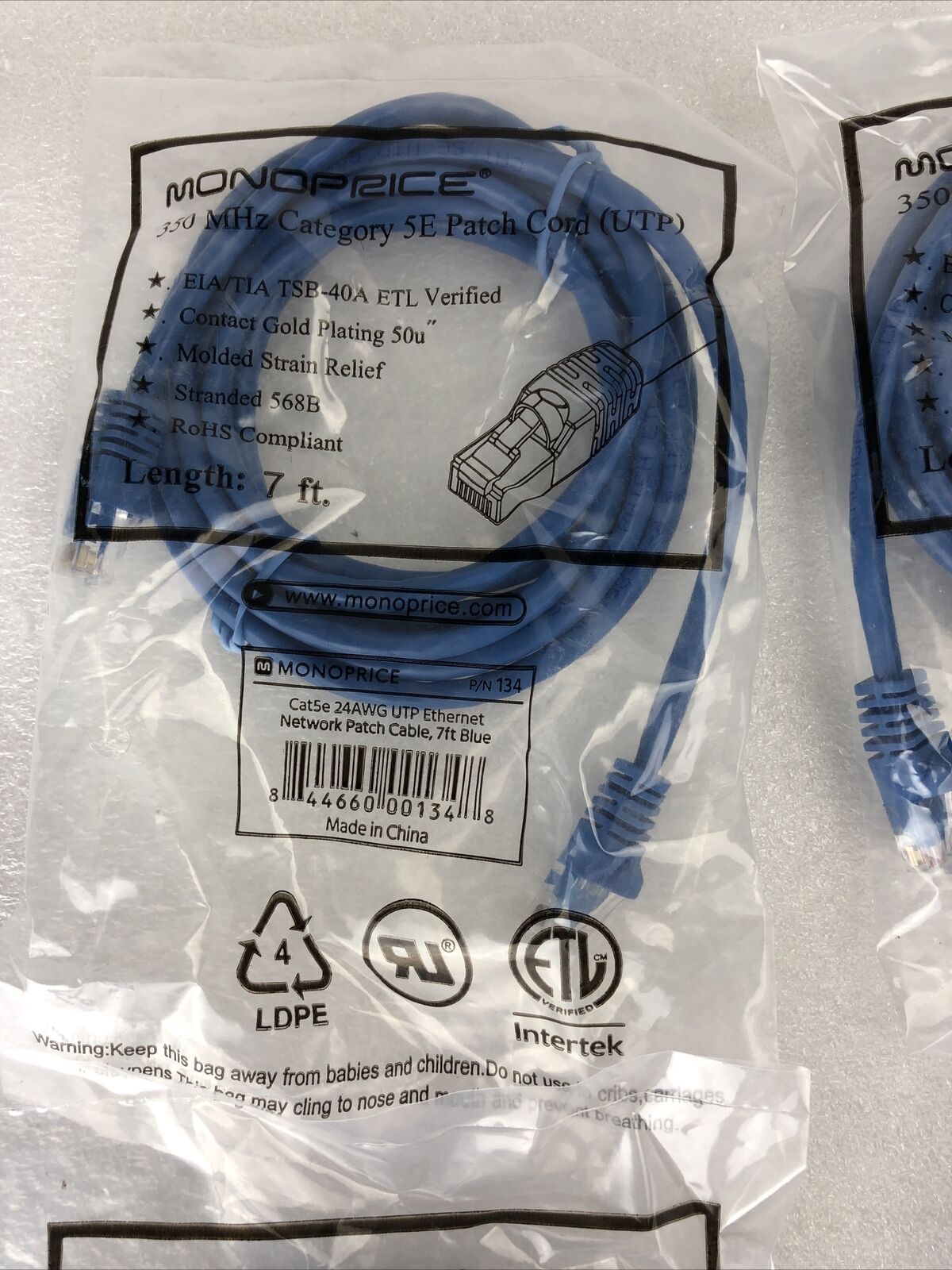 Lot of 4 Monoprice Blue 7ft 5E Ethernet Patch Cord (UTP) - RJ45 350Mhz