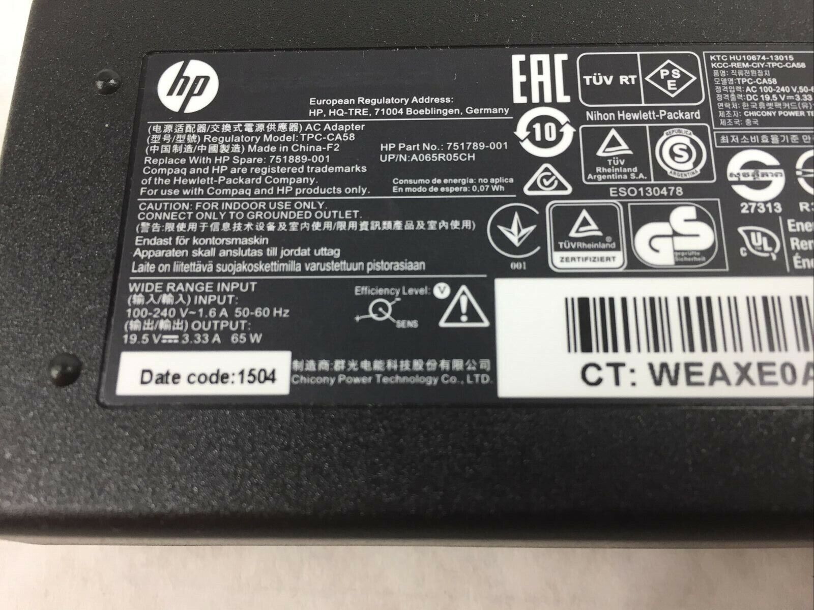 HP Laptop Charger AC Adapter Power Supply TPC-CA58 724264-002 19.5V 65W