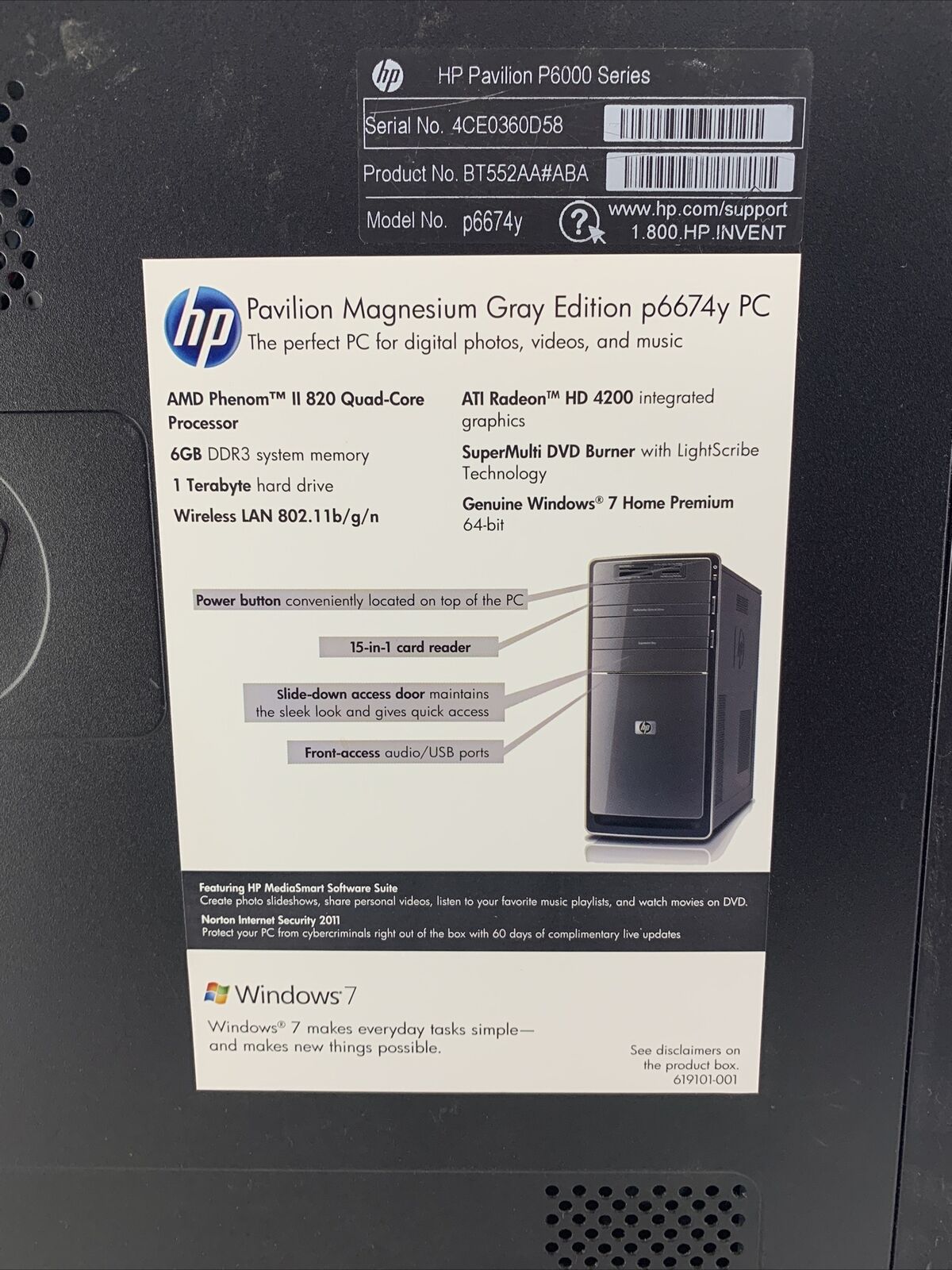 HP Pavilion 6674xy MT AMD Phenom 2 X4 830 2.8GHz 2GB RAM No HDD No OS