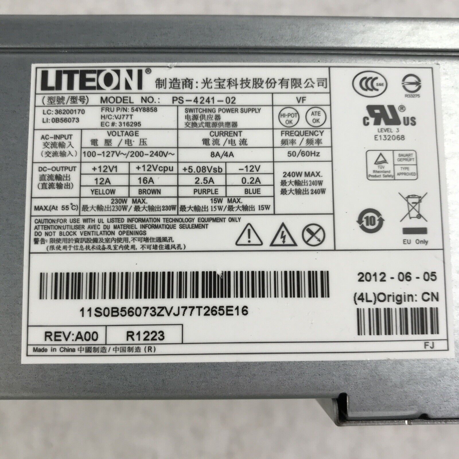 Liteon PS-4241-02 240W 8A 240V 60Hz Switching Power Supply 54Y8858