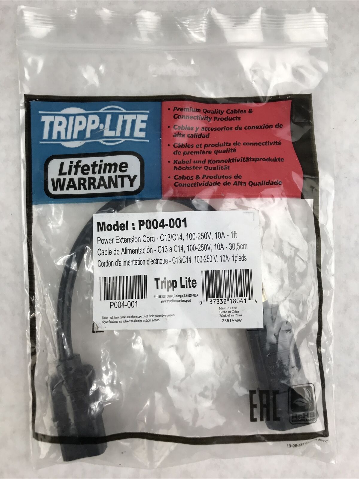 Tripp Lite P004-001 Power Extension Cord C13/C14 100-250V 10A 1ft