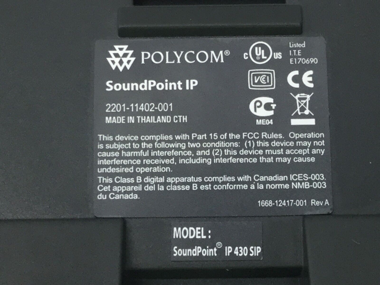 POLYCOM SoundPoint IP 430 SIP Includes Back Stand Plate  Tested WORKS