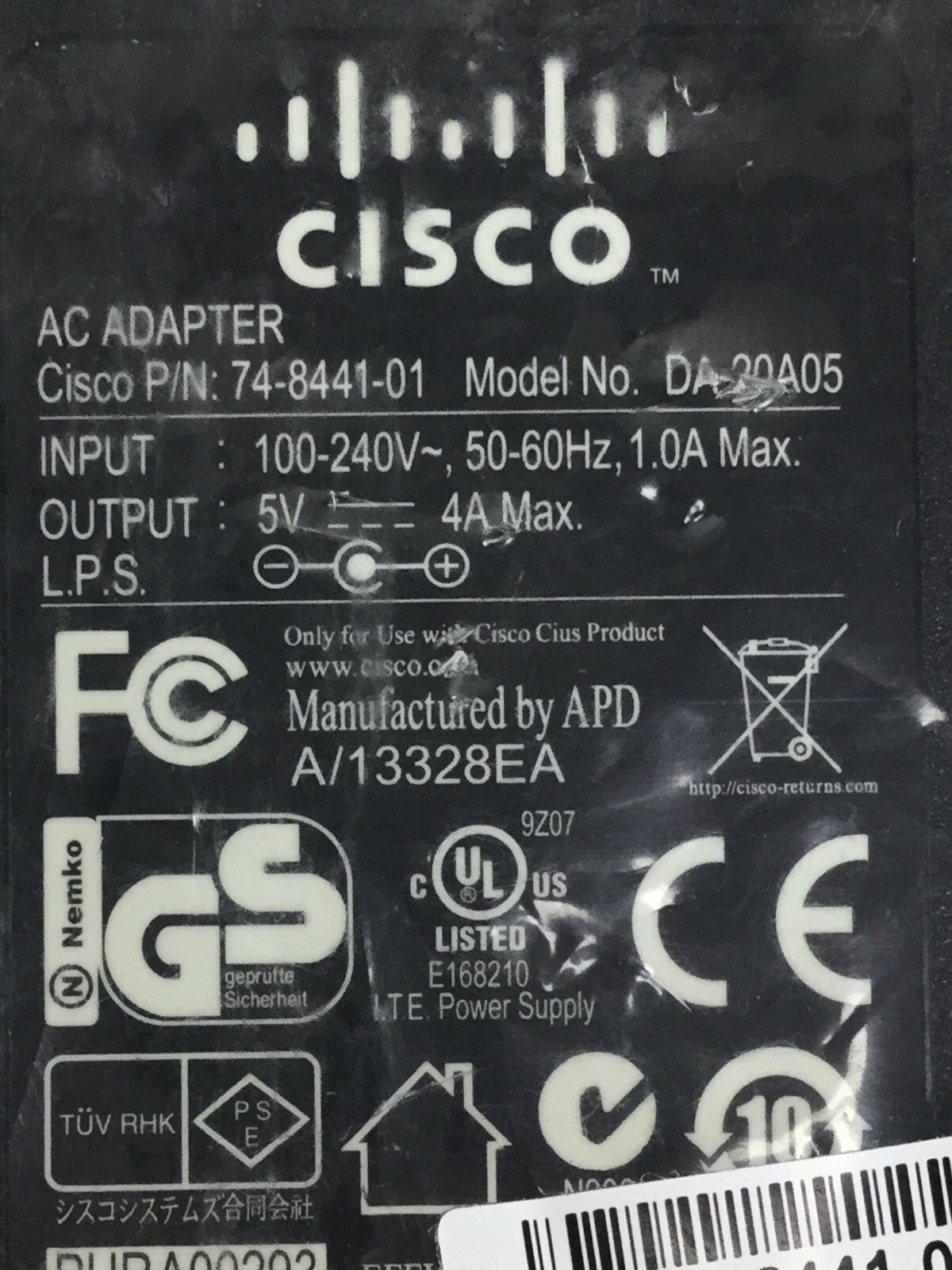 Genuine Cisco DA-02A05 74-8441-01 5V 4A AC Power Adapter & Power Cord For Tablet