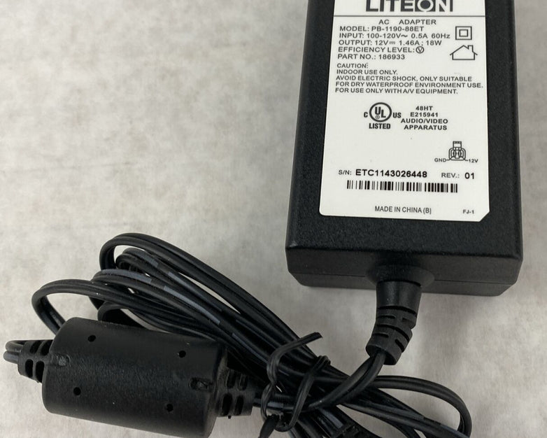 Liteon PB-1190-88ET 186933 100-120V 0.5A 60Hz 12V 1.5A AC Power Adapter