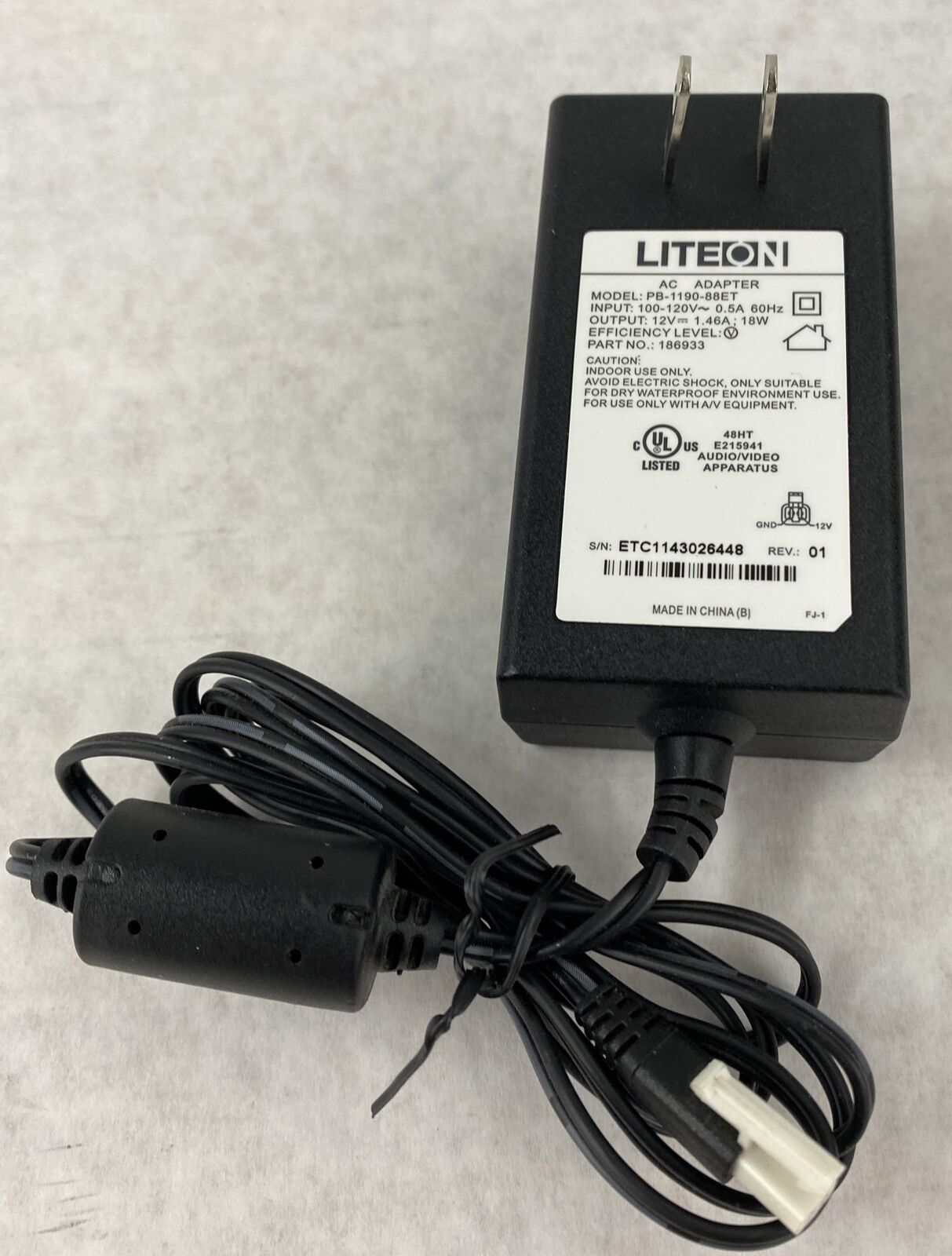 Liteon PB-1190-88ET 186933 100-120V 0.5A 60Hz 12V 1.5A AC Power Adapter