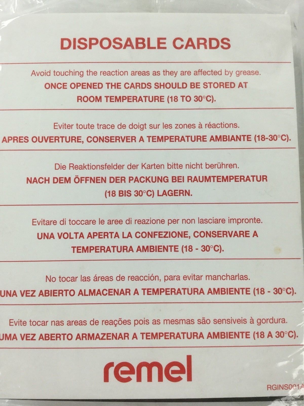 Remel Disposable Cards RT64 30369001 (Lot of 25)