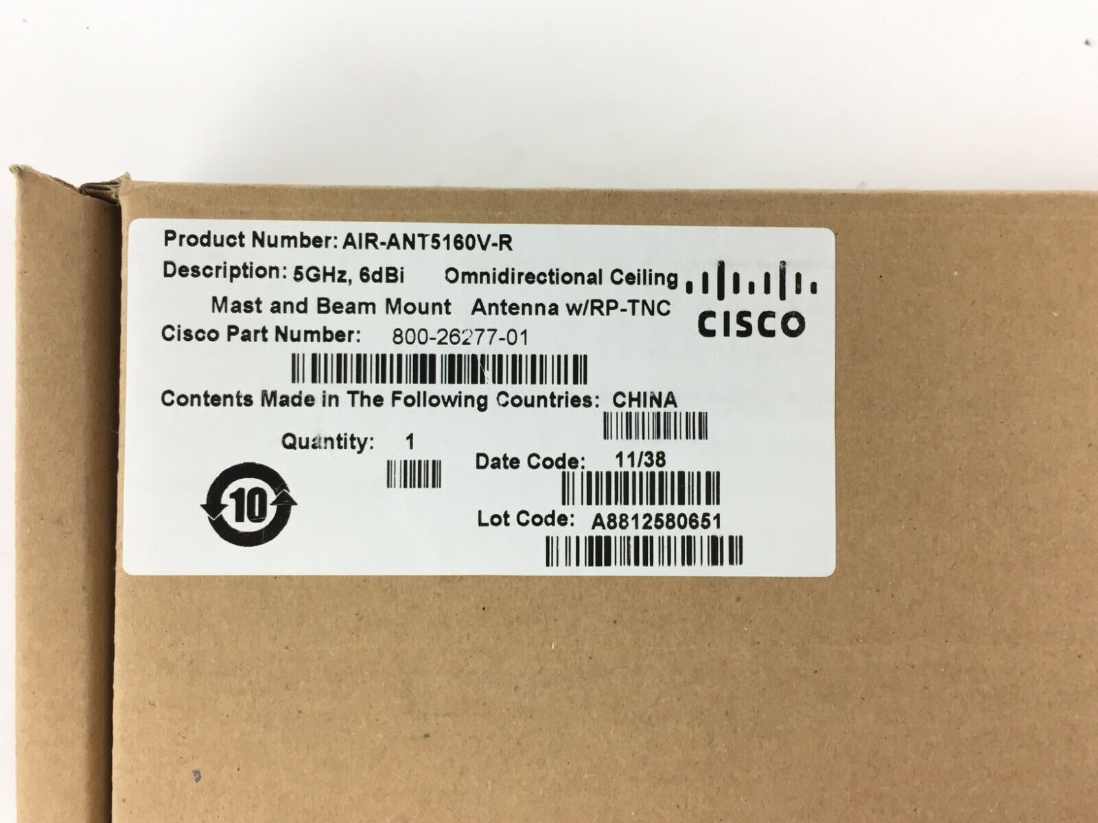 Cisco 800-26277-01 AIR-ANT5160V-R Mast and Beam Mount 5GHz, 6dBi Omnidirectional