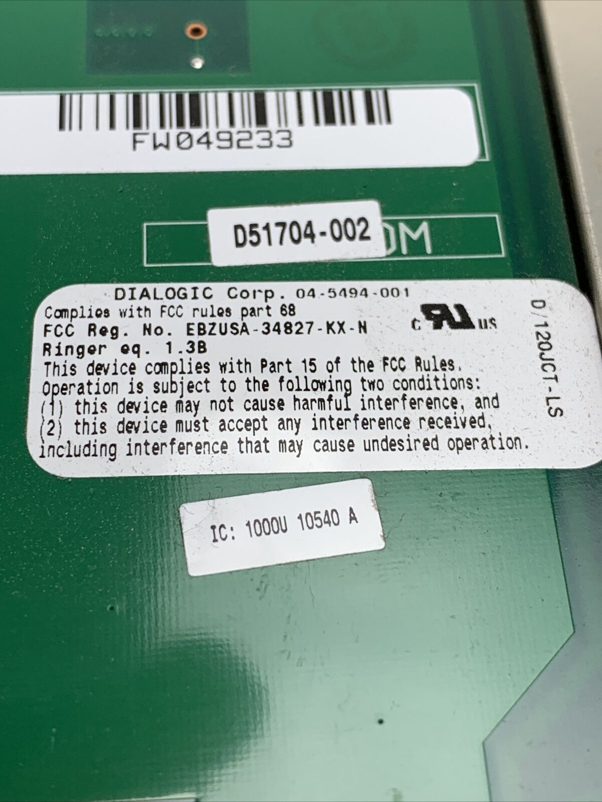 DIALOGIC 83-0546-003 ANALOG FAX CARD