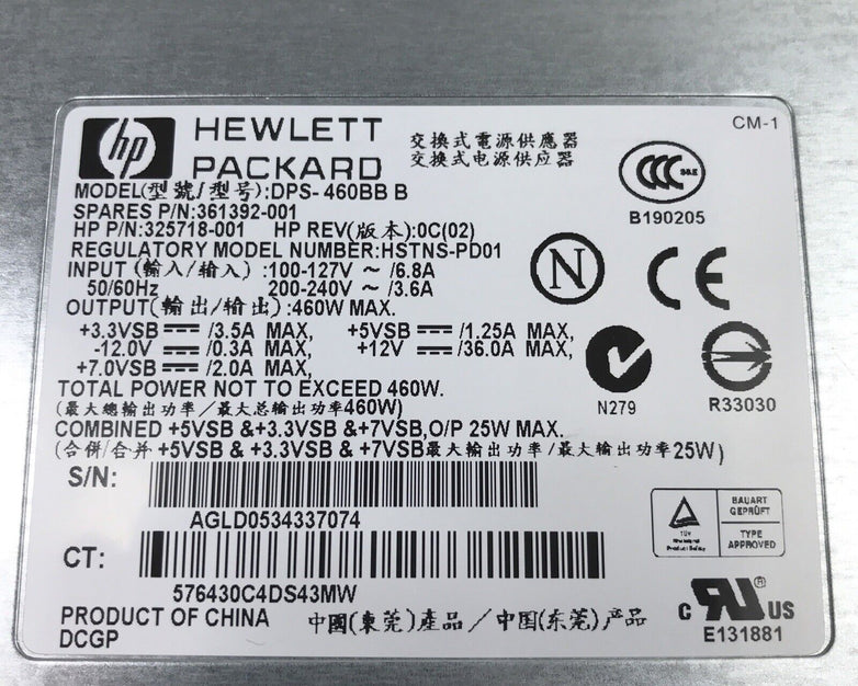 Hewlett Packard DPS-460BB 240V 60Hz 6.8A 460W HSTNS-PD01 325718-001