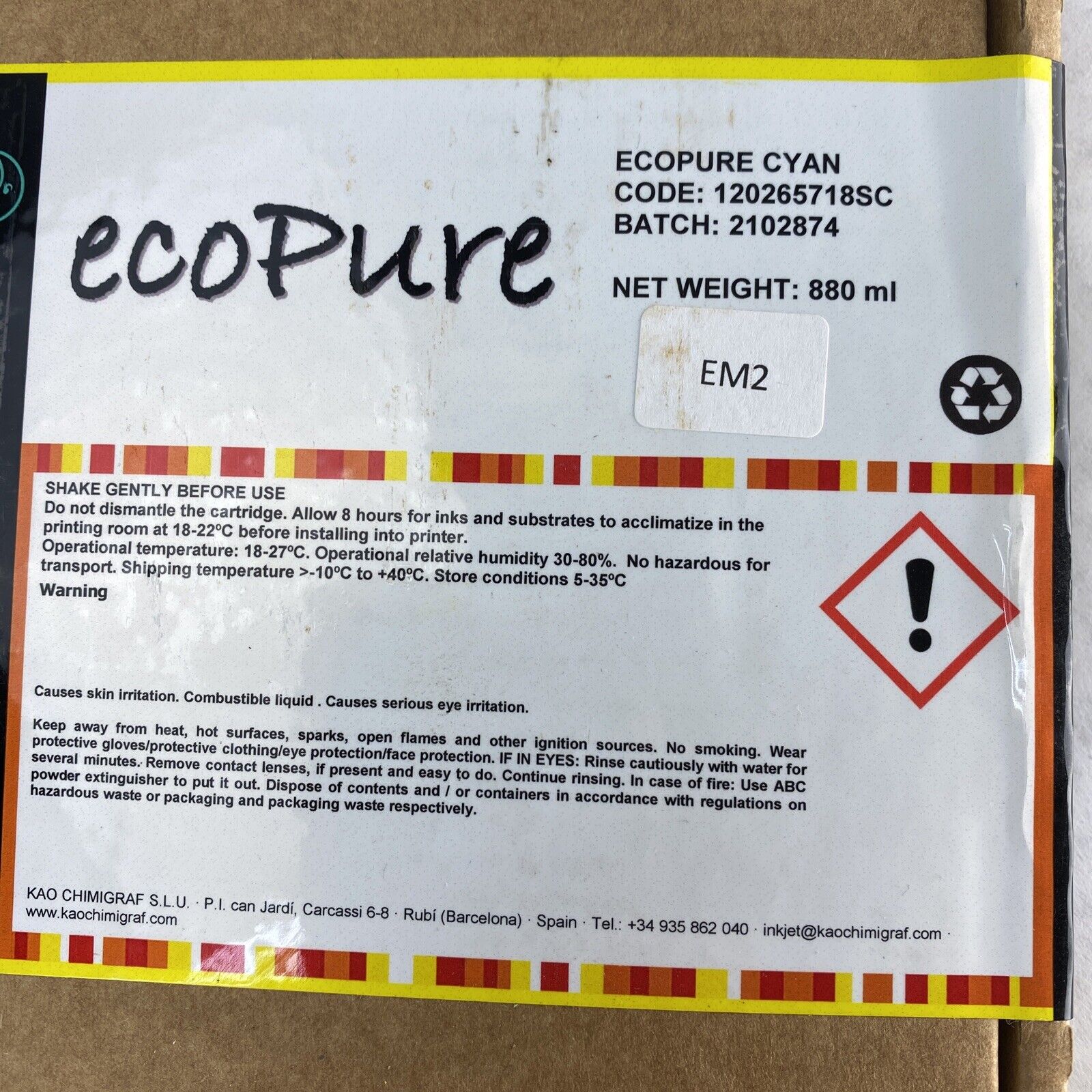 Kao Ecopure 120265718SC SS2 Ink Cyan for DX4 DX5 DX7 Printheads
