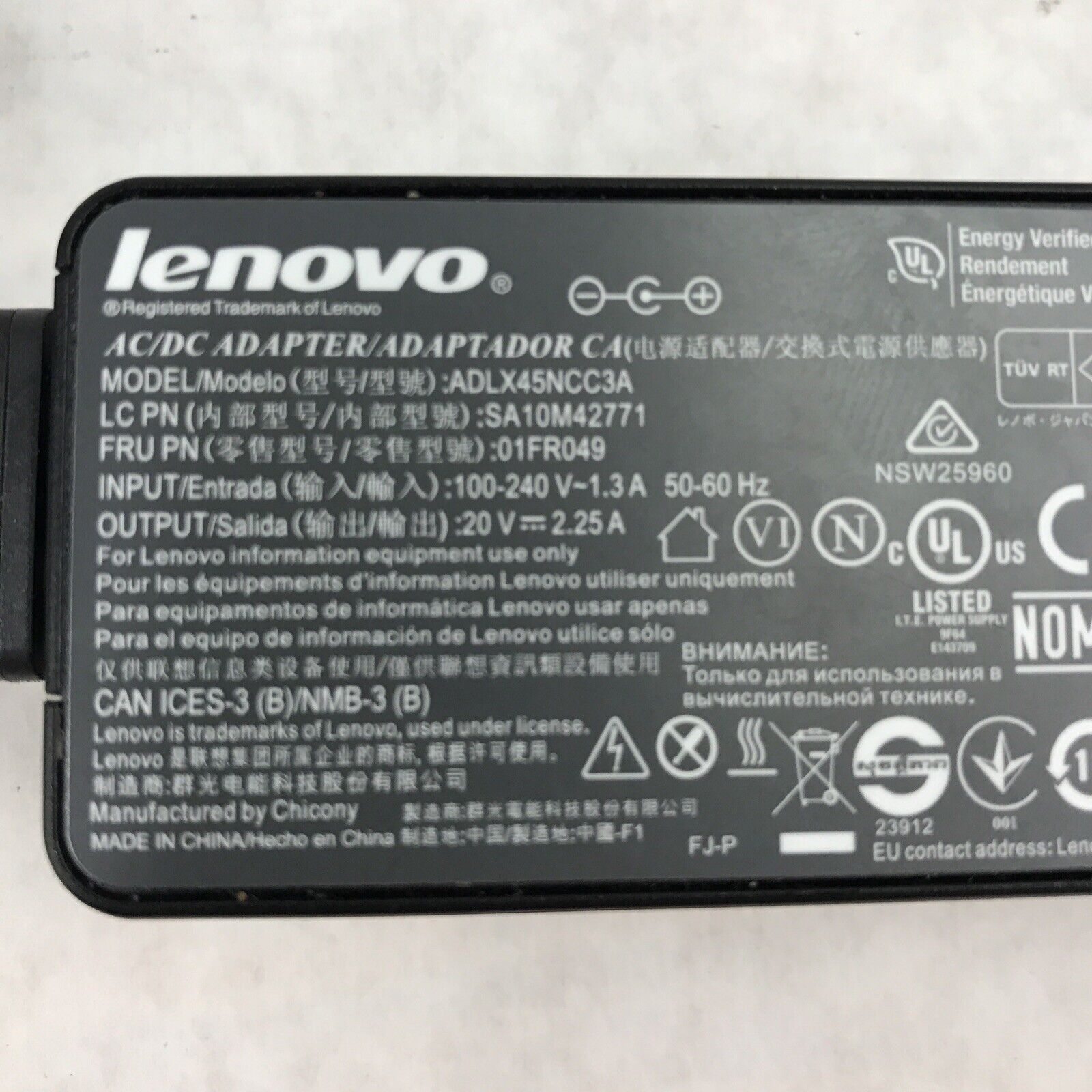 Lenovo ADLX45NCC3A 20V 2.25A 60Hz 01FR049 AC/DC Adapter SA10M42771