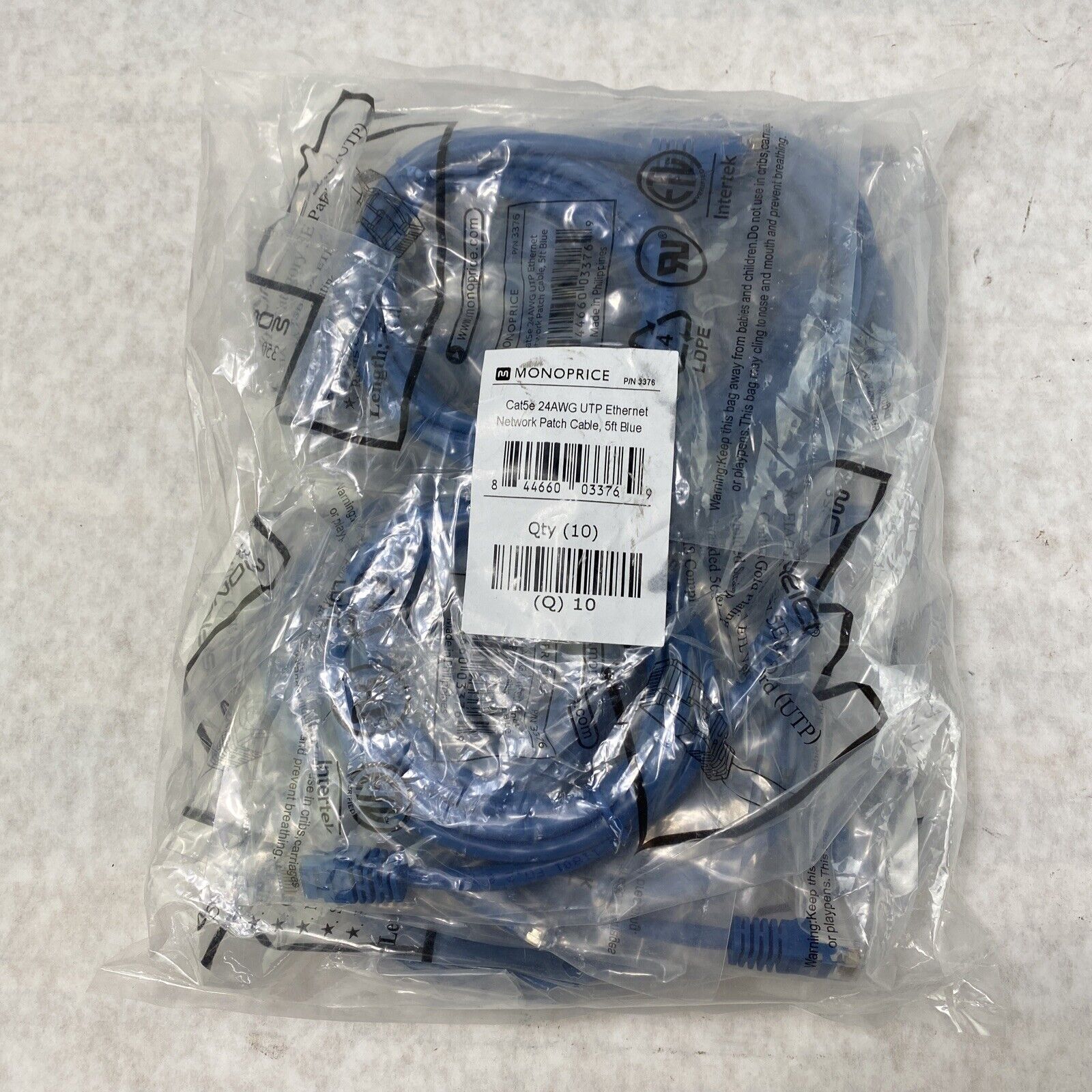 Lot of 10 Monoprice 5ft 24AWG Cat5e 350MHz UTP Ethernet network cables Blue