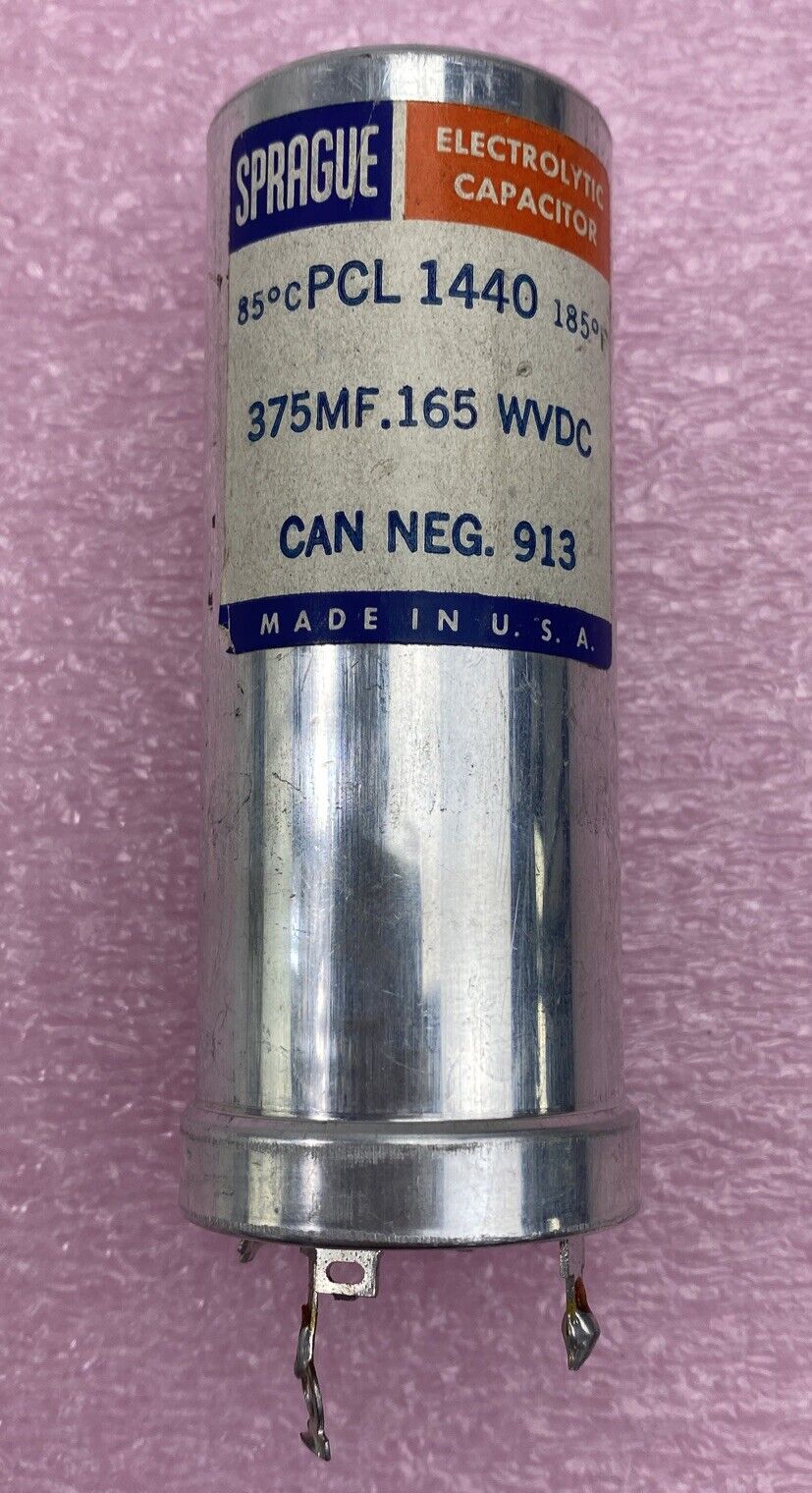 vintage Sprague PCL1440 375uF 165VDC electrolytic capacitor Can Neg. 913