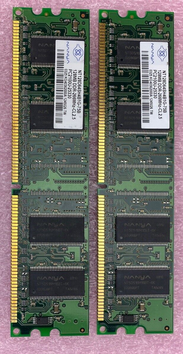 2x 128MB Nanya NT128D64SH4B1G-75B PC2100U CL2.5 266MHz 2.5V 184-Pin Non-ECC DDR