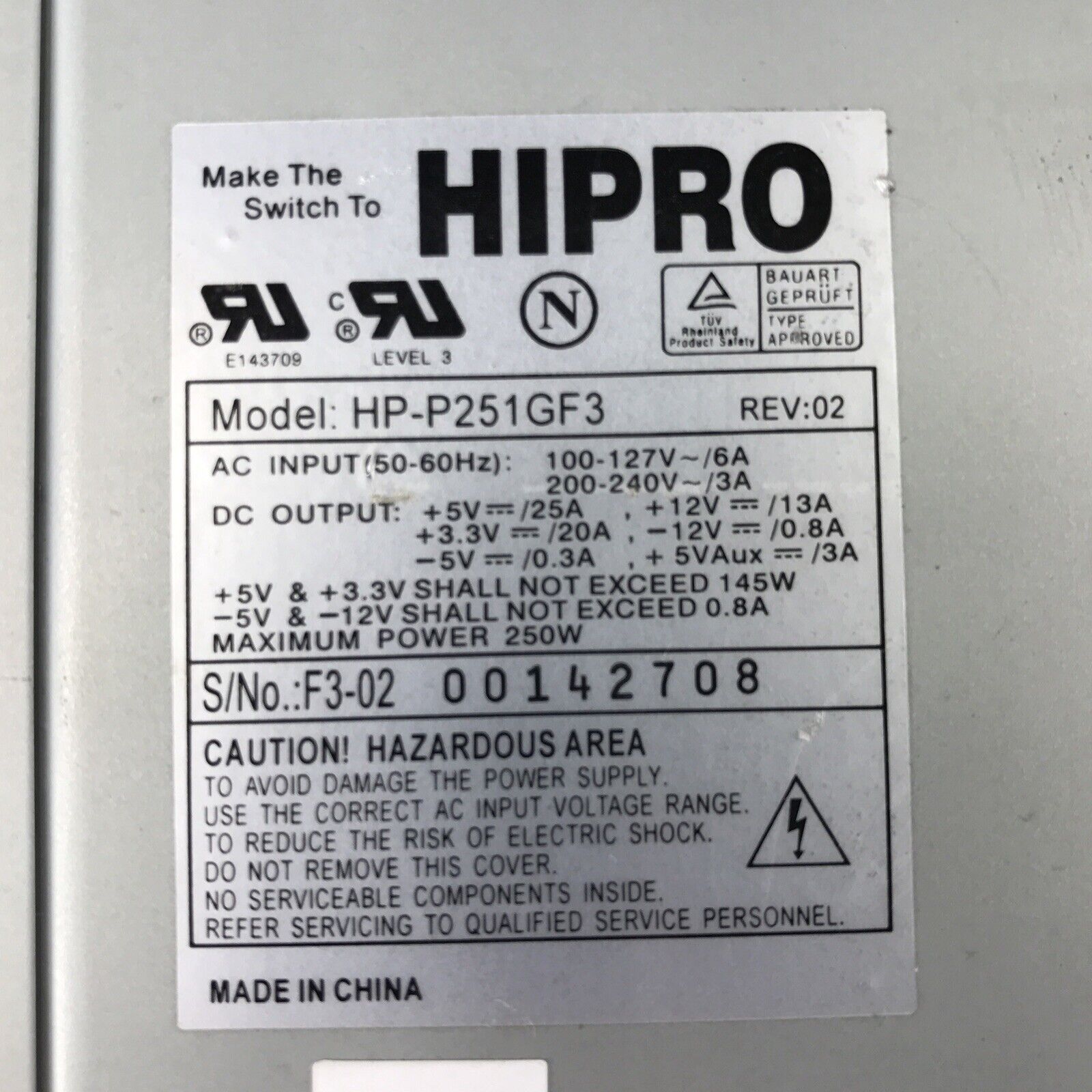 Hipro HP-P251GF3 Power Supply PSU 240V 3A 60Hz 20-Pin