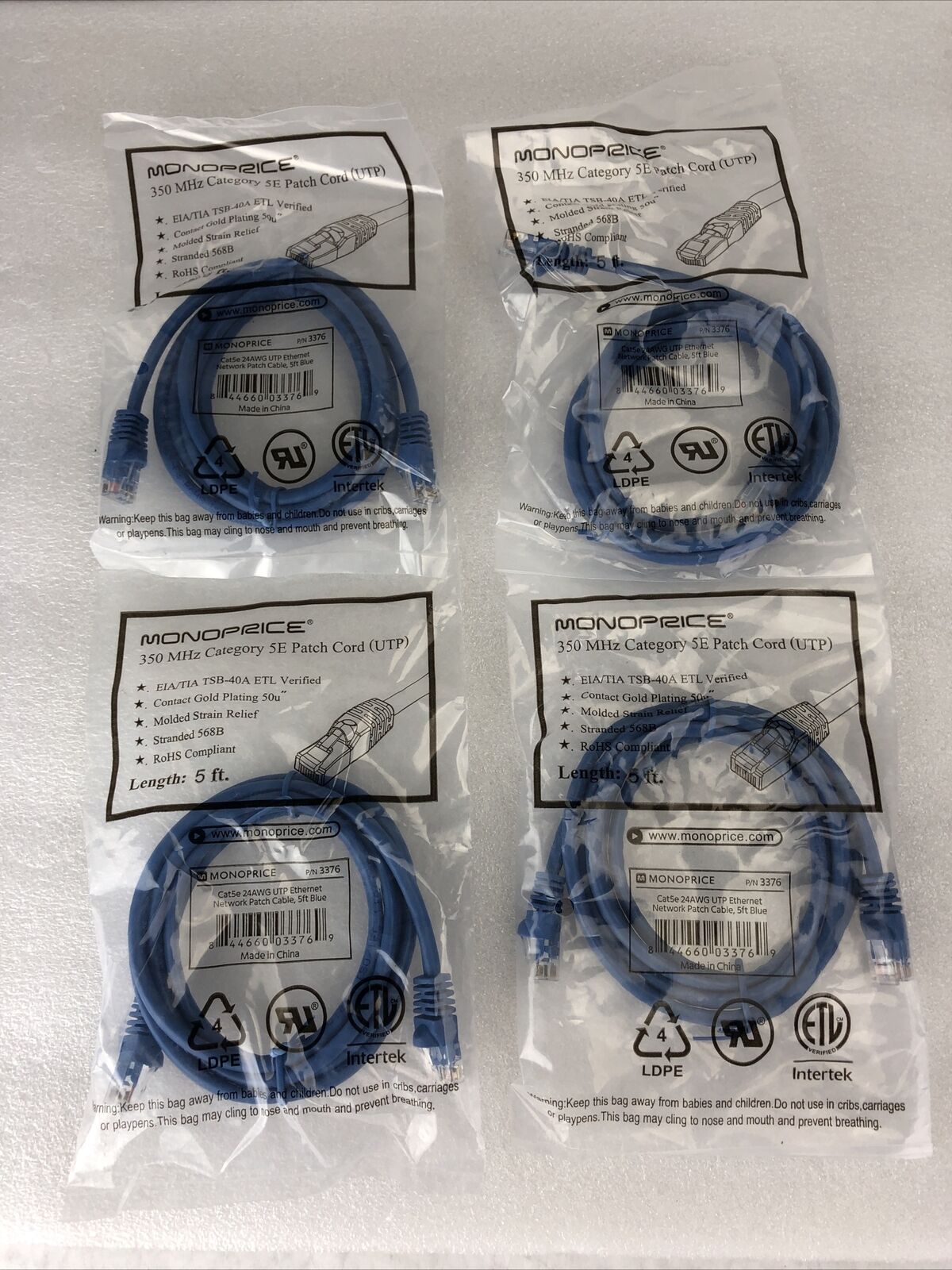 Lot of 4 Monoprice Blue 5ft 5E Ethernet Patch Cord (UTP) - RJ45 350Mhz