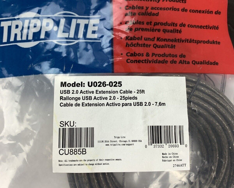 New Tripp Lite U026-025 7.62m USB A Male Female Black USB cable