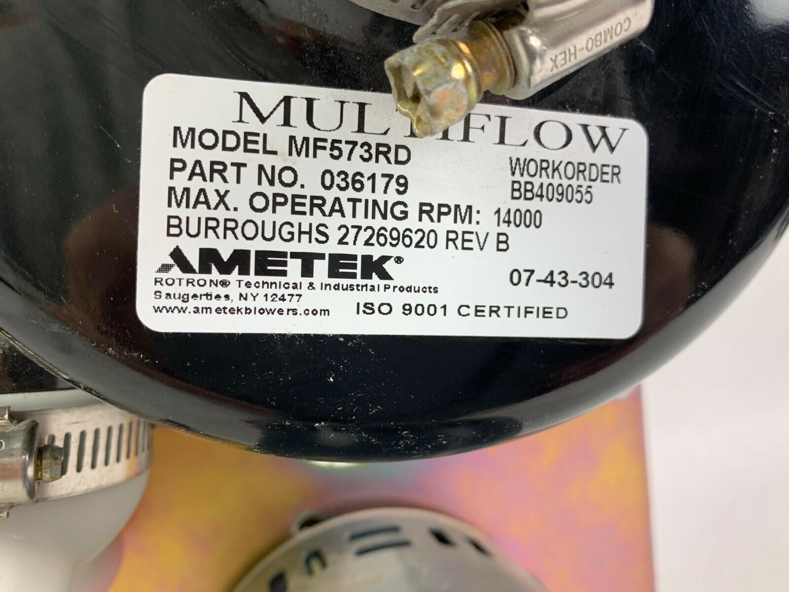 Ametek Multiflow MF573RD Remote Drive Blower Rotation Assembly w/Motor 036179