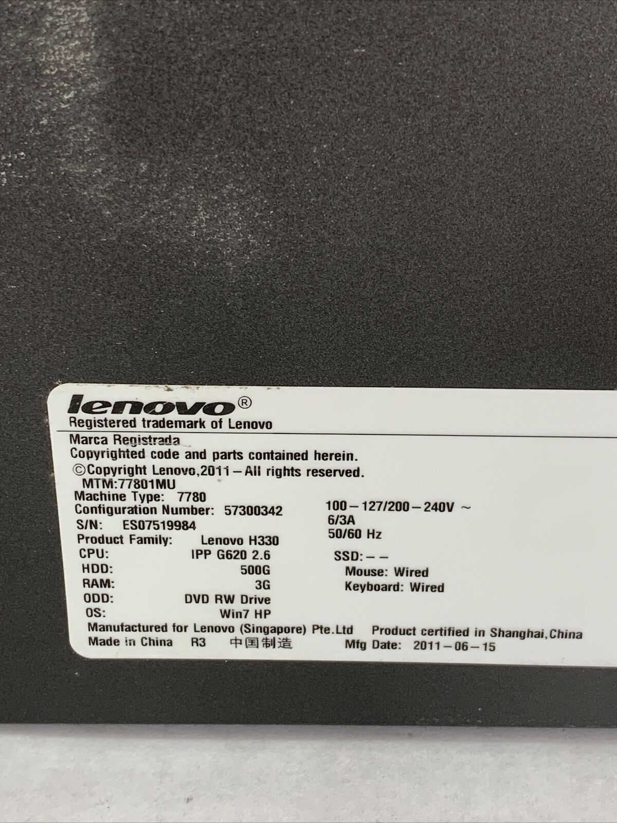 Lenovo H330 SFF Intel Pentium G620 2.6GHz 3GB RAM No HDD No OS