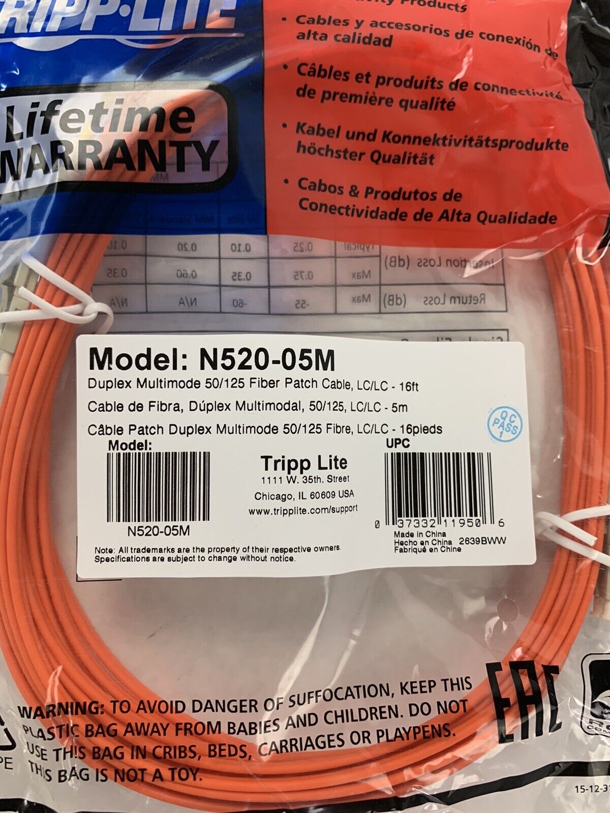 Tripp Lite N520-05M 5m Fiber Optic LC Male to Male Patch Cable