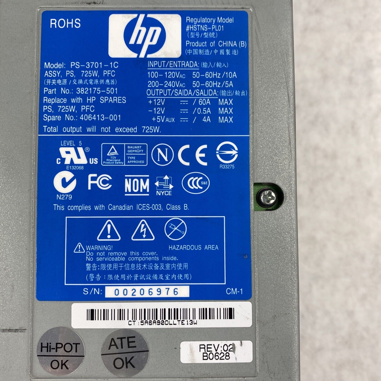 HP 382175-501 Proliant ML350 PS-3701-1C 406413-001 725W Power Supply