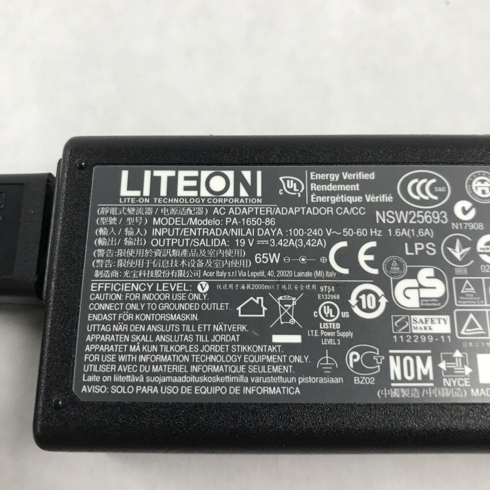 Liteon PA-1650-86 19V 3.42A 60Hz 65W AC Adapter For Acer