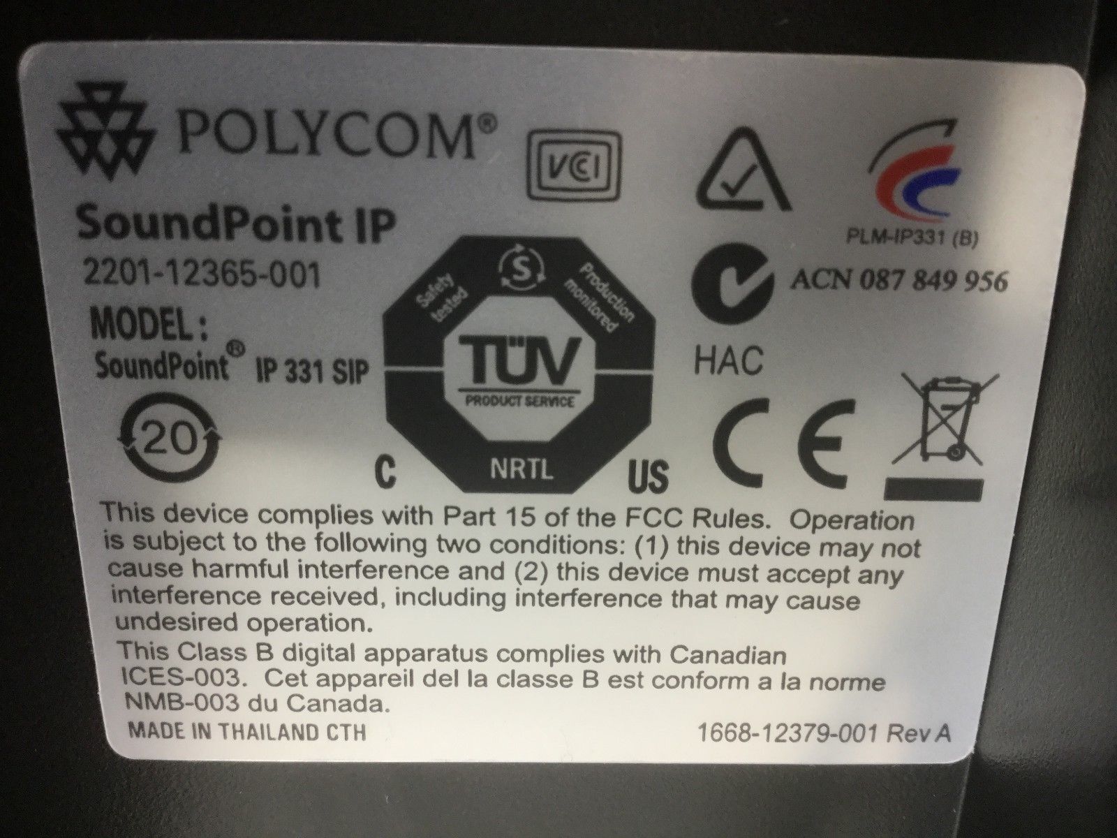 Polycom SoundPoint IP 331 SIP Business Phone 2201-12365-001