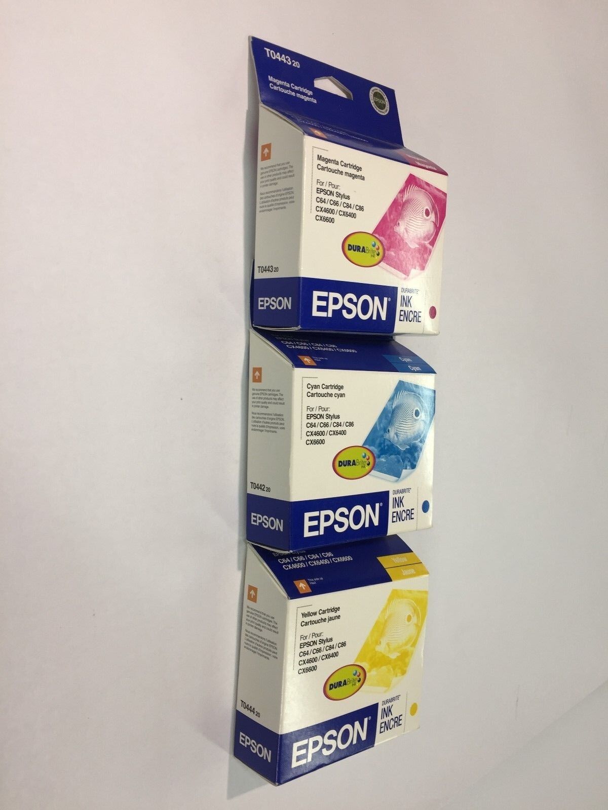 Epson T0442 Cyan, T0443 Magenta, T0444 Yellow (Lot of 3) NEW Factory Sealed
