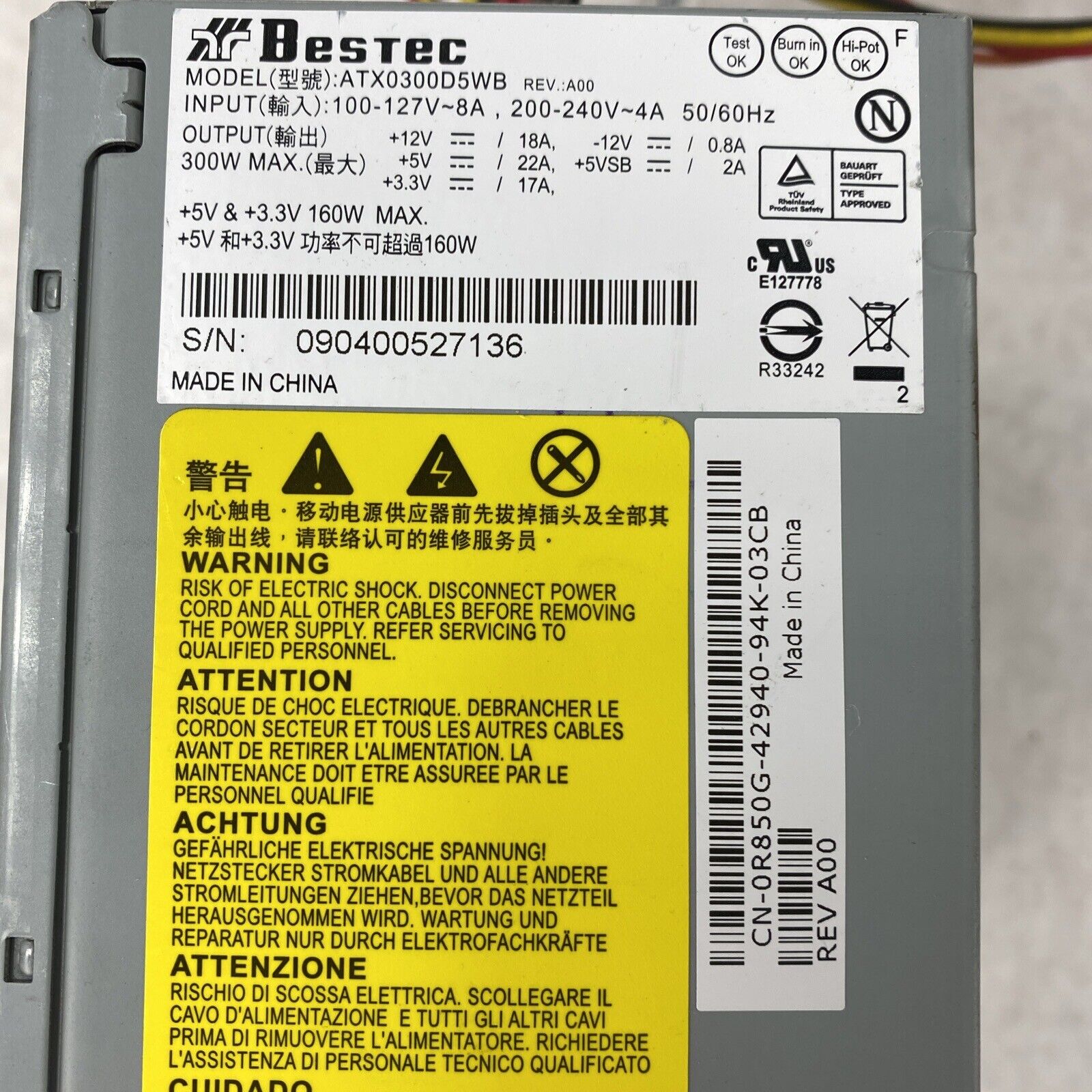 Bestec 0R850G 0XW600 ATX0300D5WB 300W Power Supply for Dell Inspiron 530