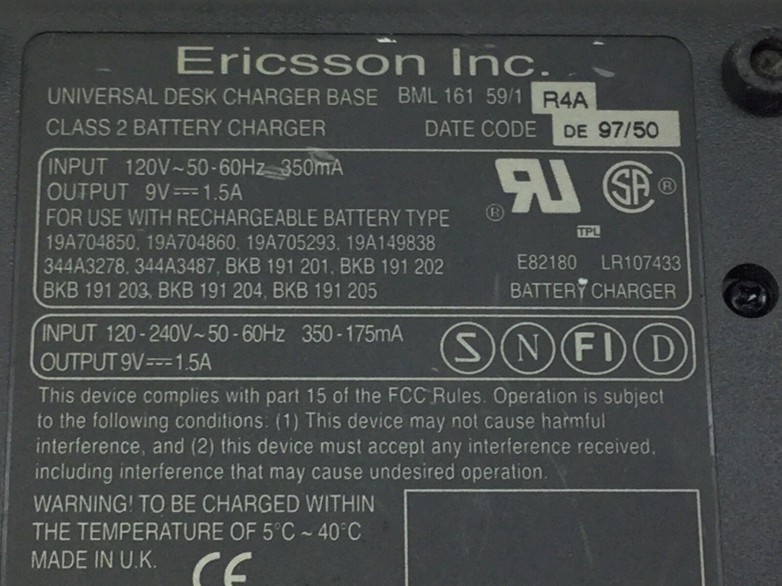 Ericsson Inc Universal Desk Charger Base Class 2  BML 161 59/1 R4A   Lot of 10