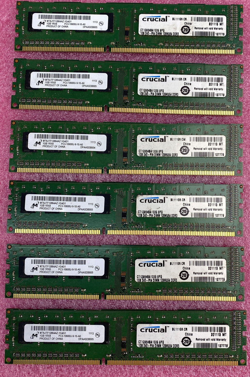 Lot( 6 ) 1GB Micron MT8JTF12864AZ-1G4G1 DDR3-1333 PC3-10600 Desktop Memory RAM