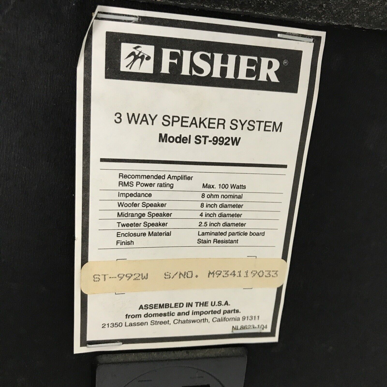Pair of Fisher ST-992W 3-Way Speakers 100W