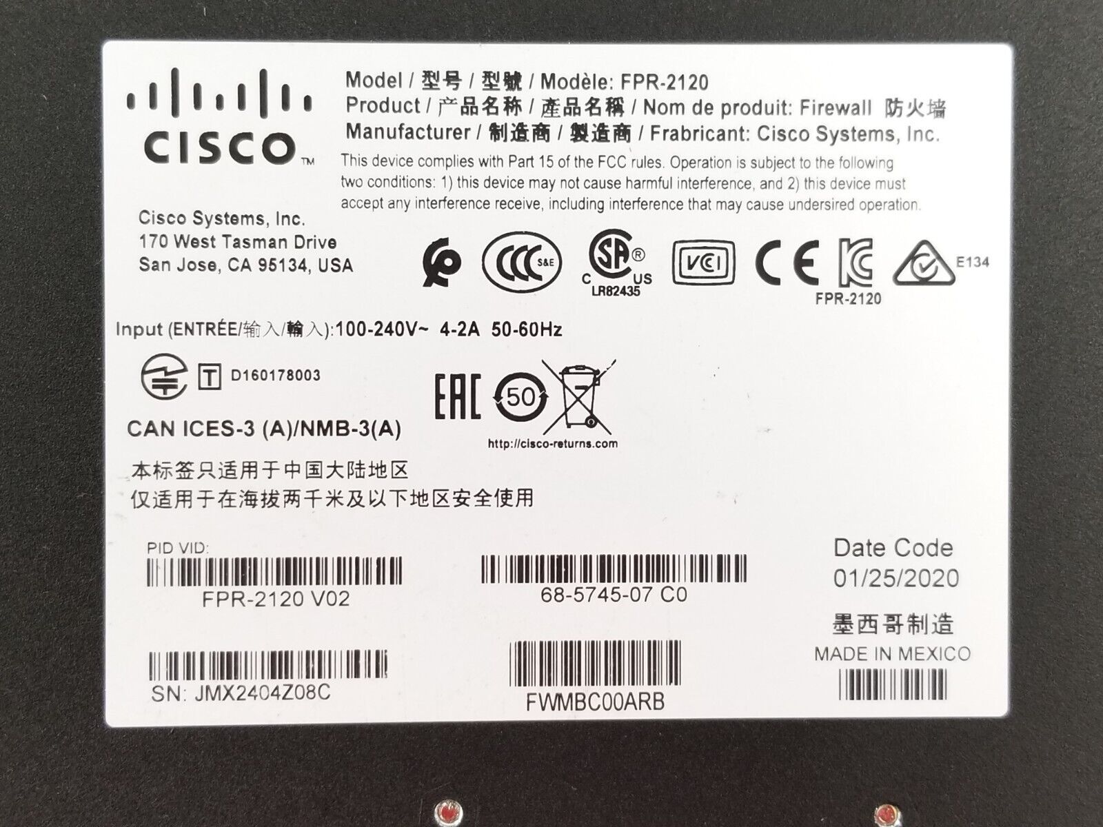 Cisco FPR-2120-NGFW-K9 FirePower 2100 Series Security Appliance