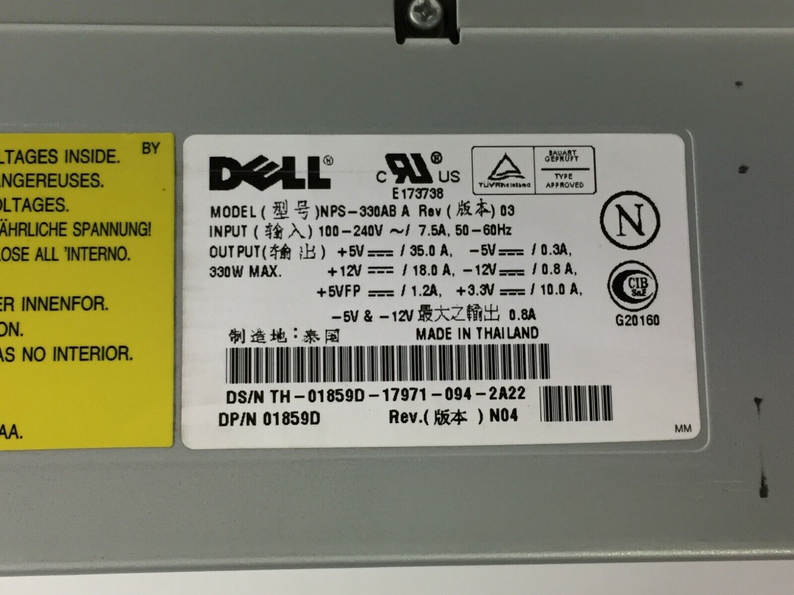 1859D Dell, Inc Dell 01859D 1859D NPS-330AB 330W Hot Swap Power Supply