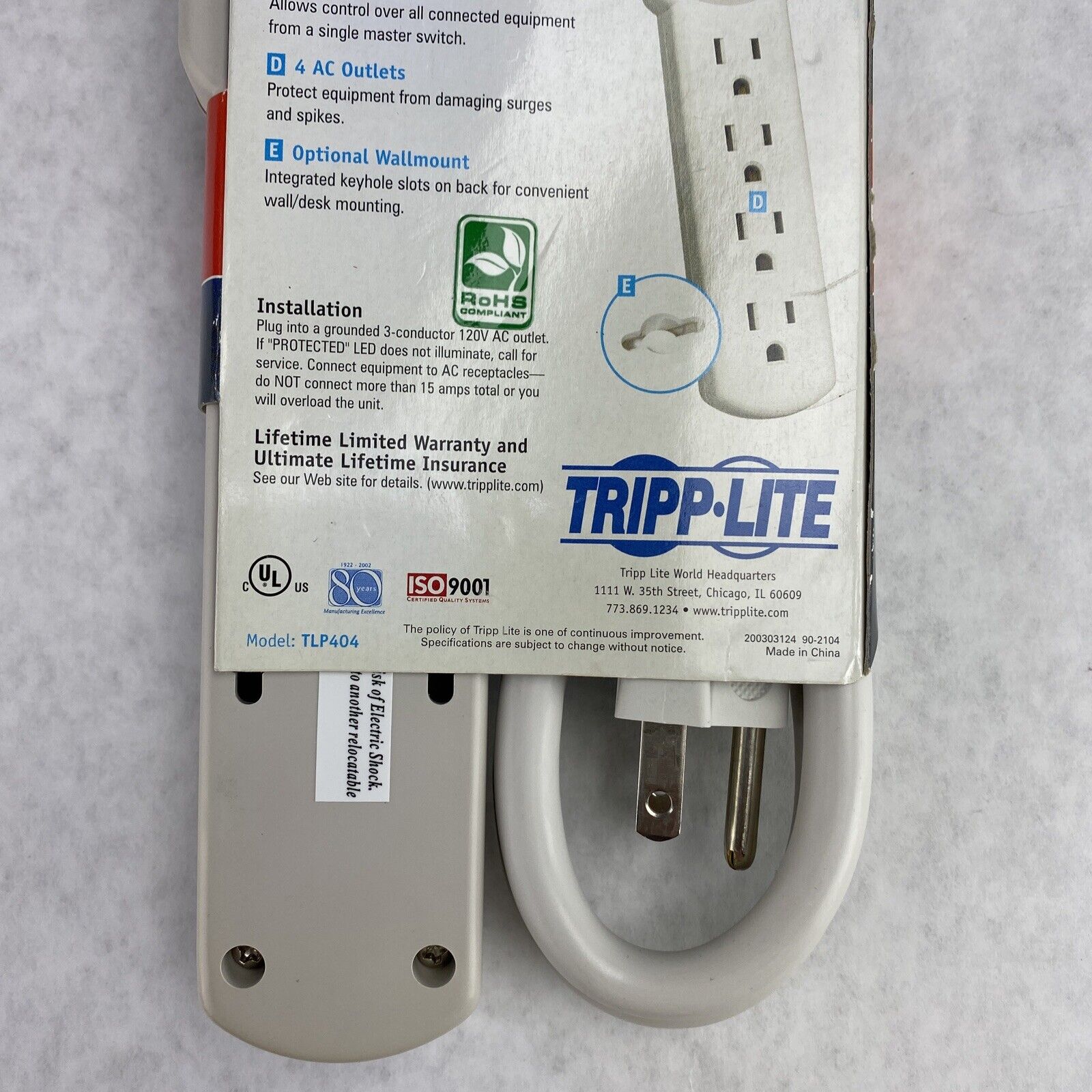 TrippLite TLP404 4 Outlet 390J Surge Protector 4ft Power Strip