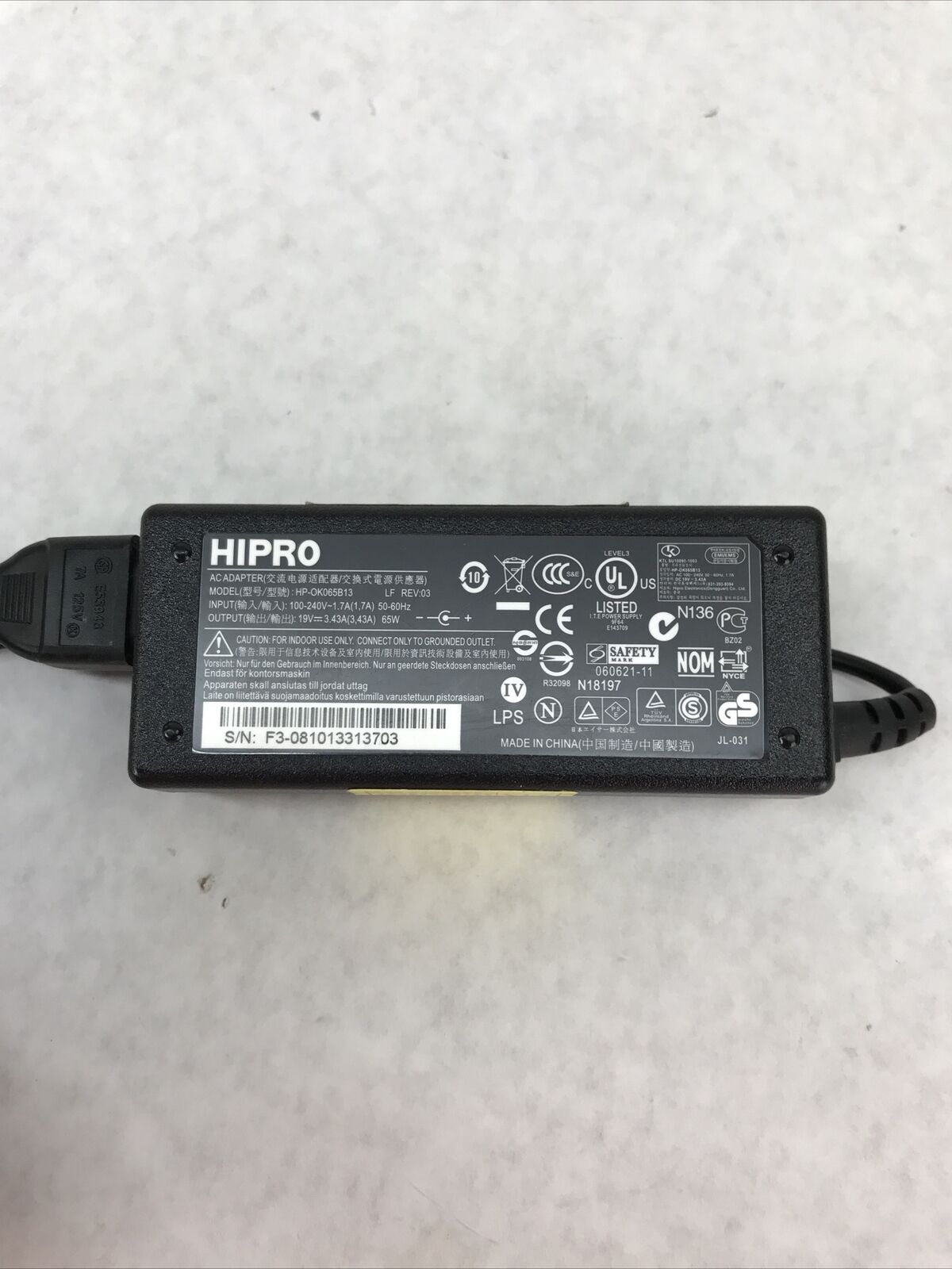 Genuine HIPRO HP-OK065B1 AC Power Adapter for Acer Laptop Charger 19V 3.43A 65W