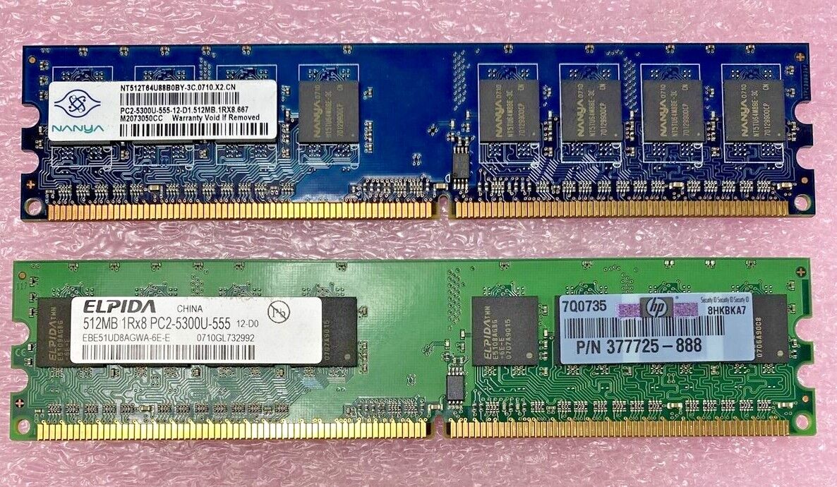 2x512MB 1Rx8 PC2-5300U-555 667MHz DDR2 memory RAM Nanya + Elpida