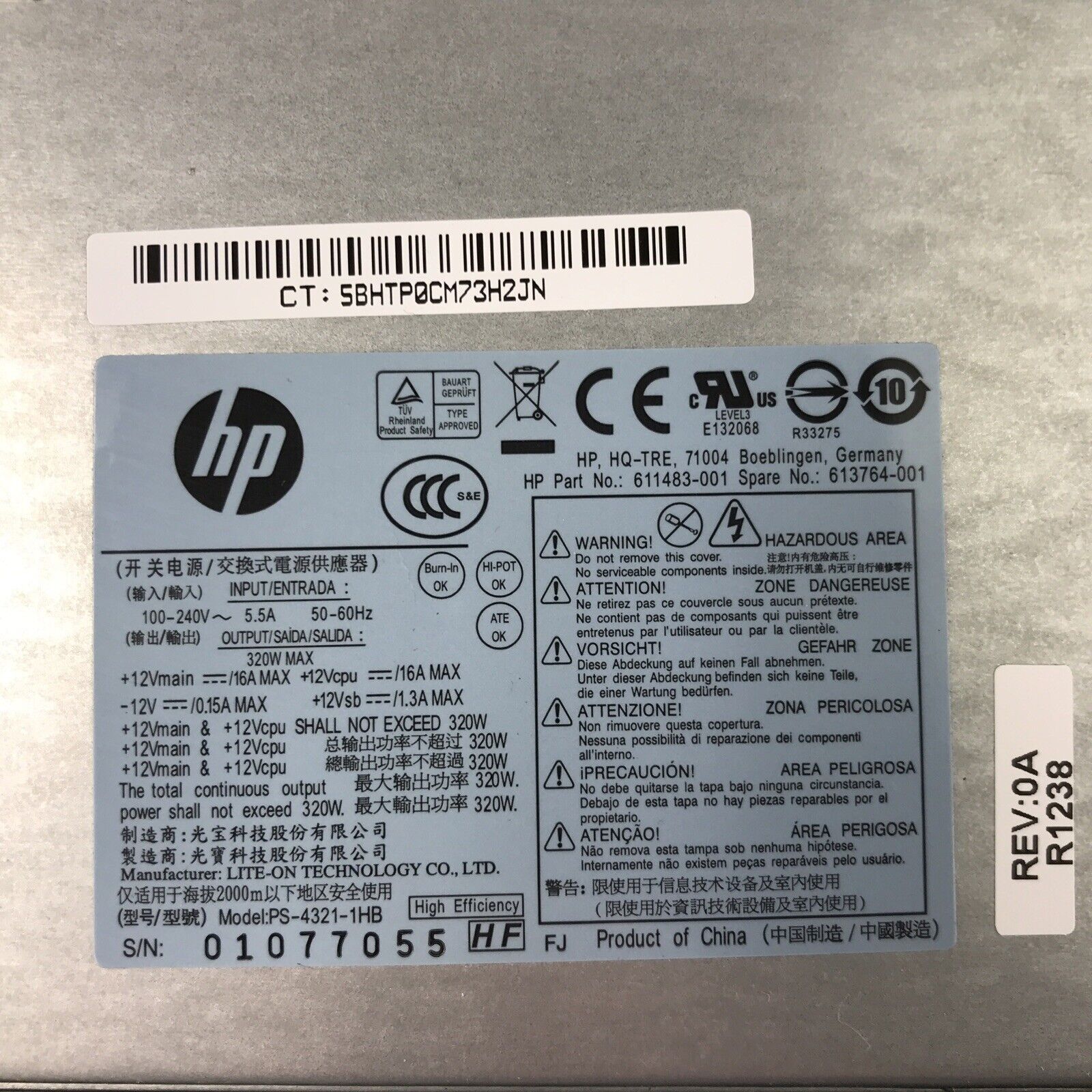 HP PS-4321-1HB 320W Power Supply PSU 611483-001 613764-001