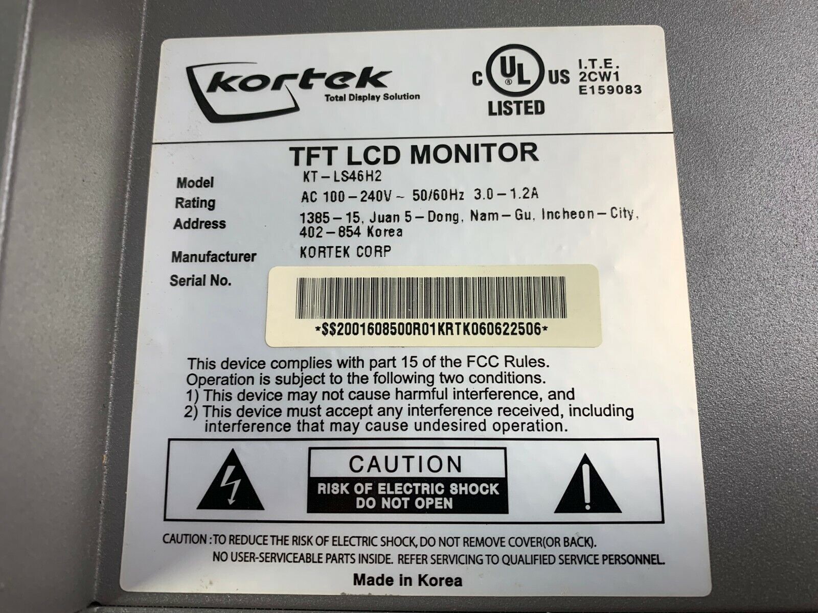 Kortek KT-LS46H2 46" TFT LCD VGA DVI Casino Gaming Monitor - Grade B