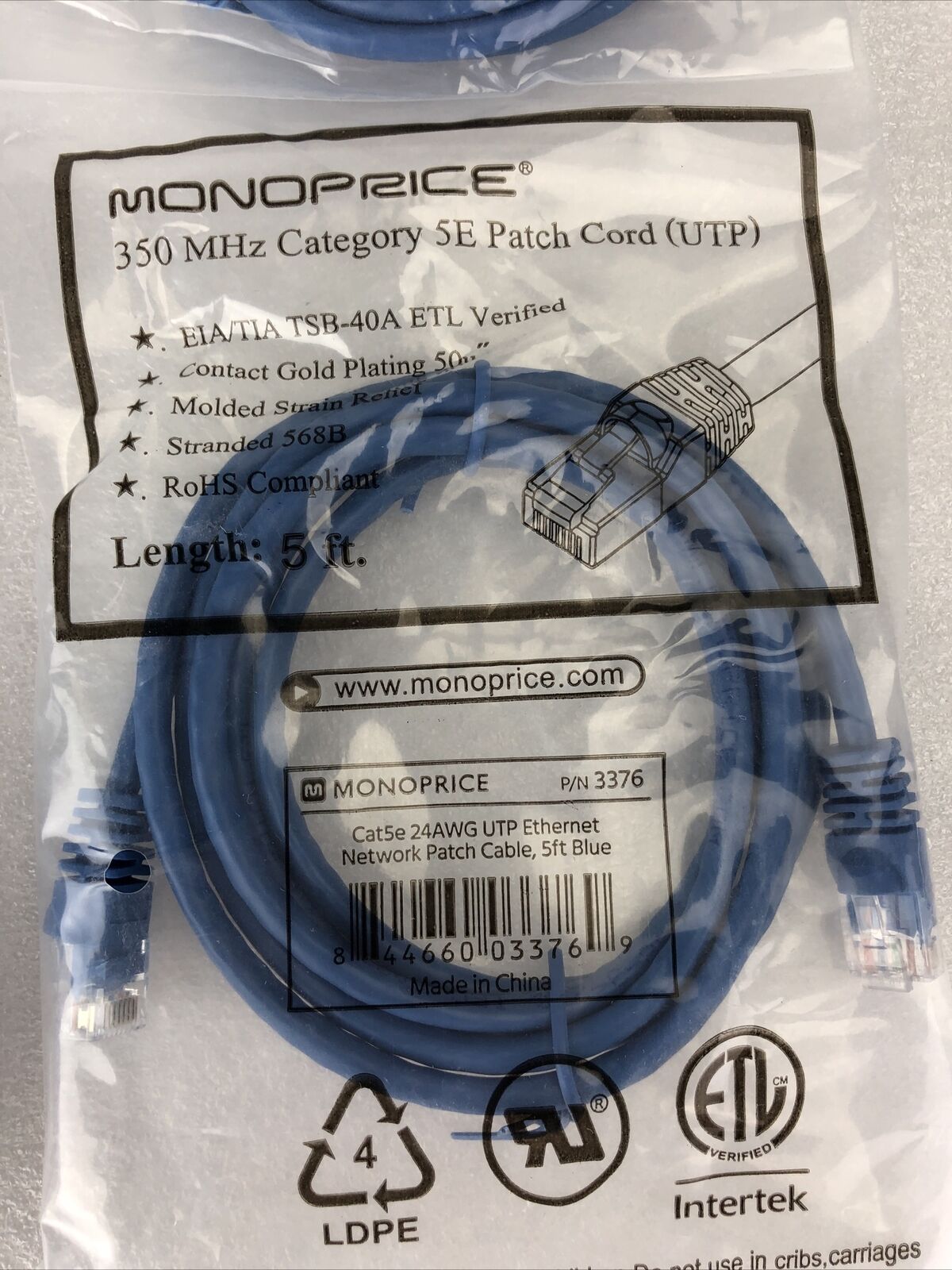 Lot of 4 Monoprice Blue 5ft 5E Ethernet Patch Cord (UTP) - RJ45 350Mhz