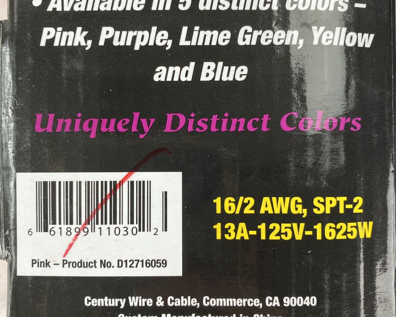 Century Wire Pro Glo 9ft Household Indoor Extension Polarized AC Power Cord Pink