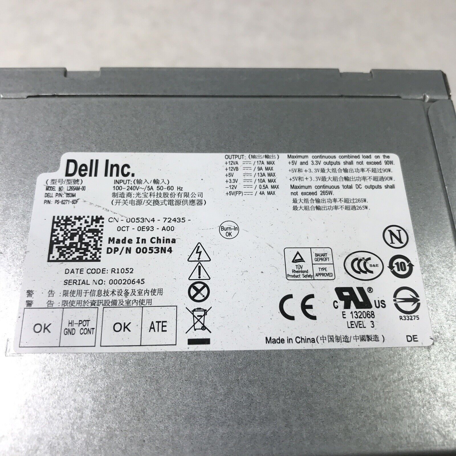 Dell 0053N4 60Hz 240V 13A L265AM Power Supply PS-6271-6DF