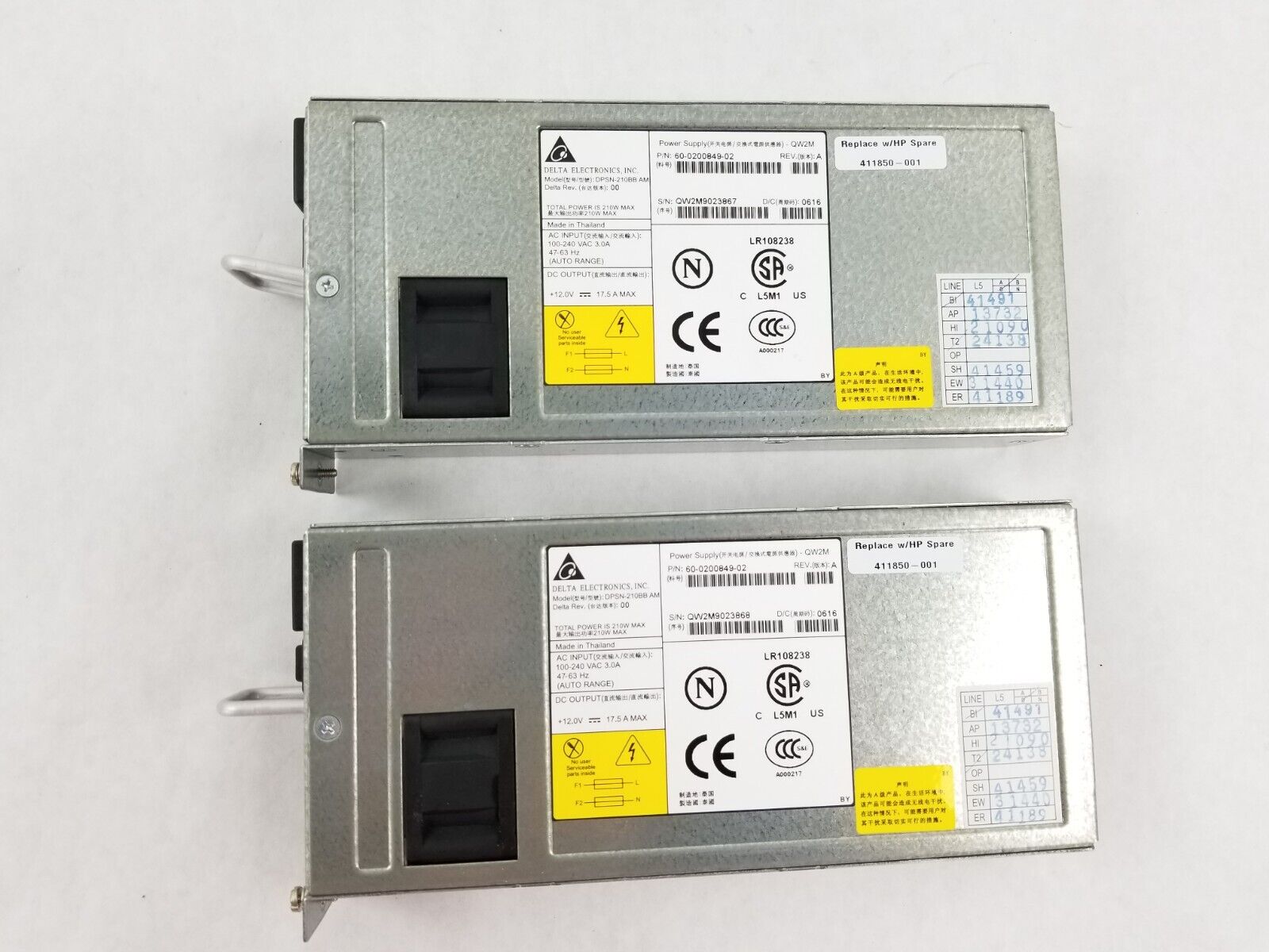 Lot of (2) HP 411850-001 Delta Electronics DPSN-210BB AM 210W Power Supply