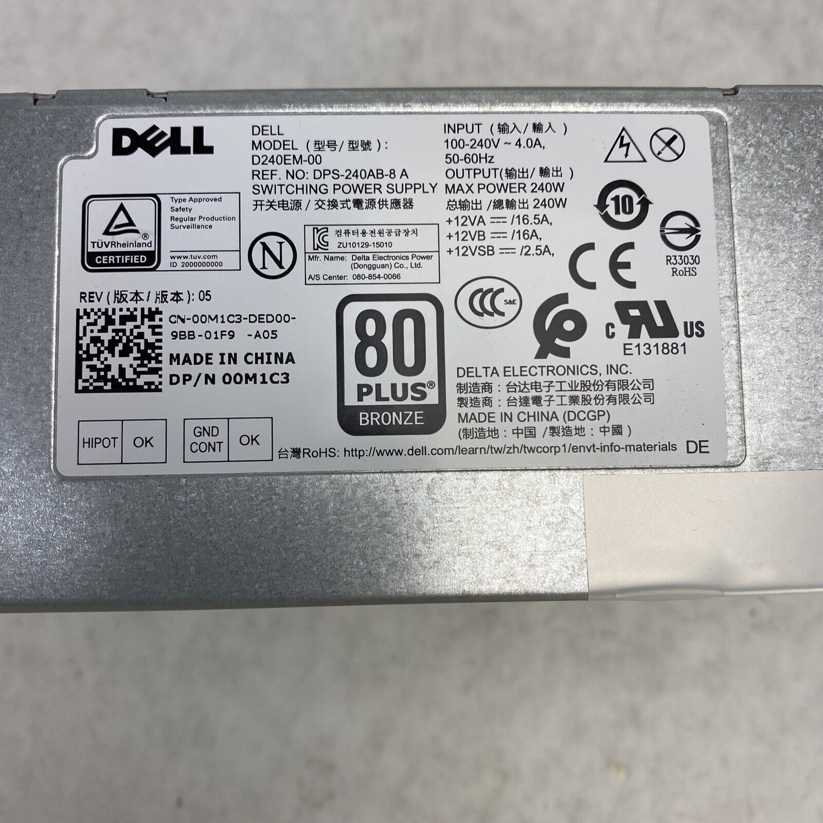 Dell 00M1C3 Optiplex Power Supply D240EM-00 80 Plus Bronze