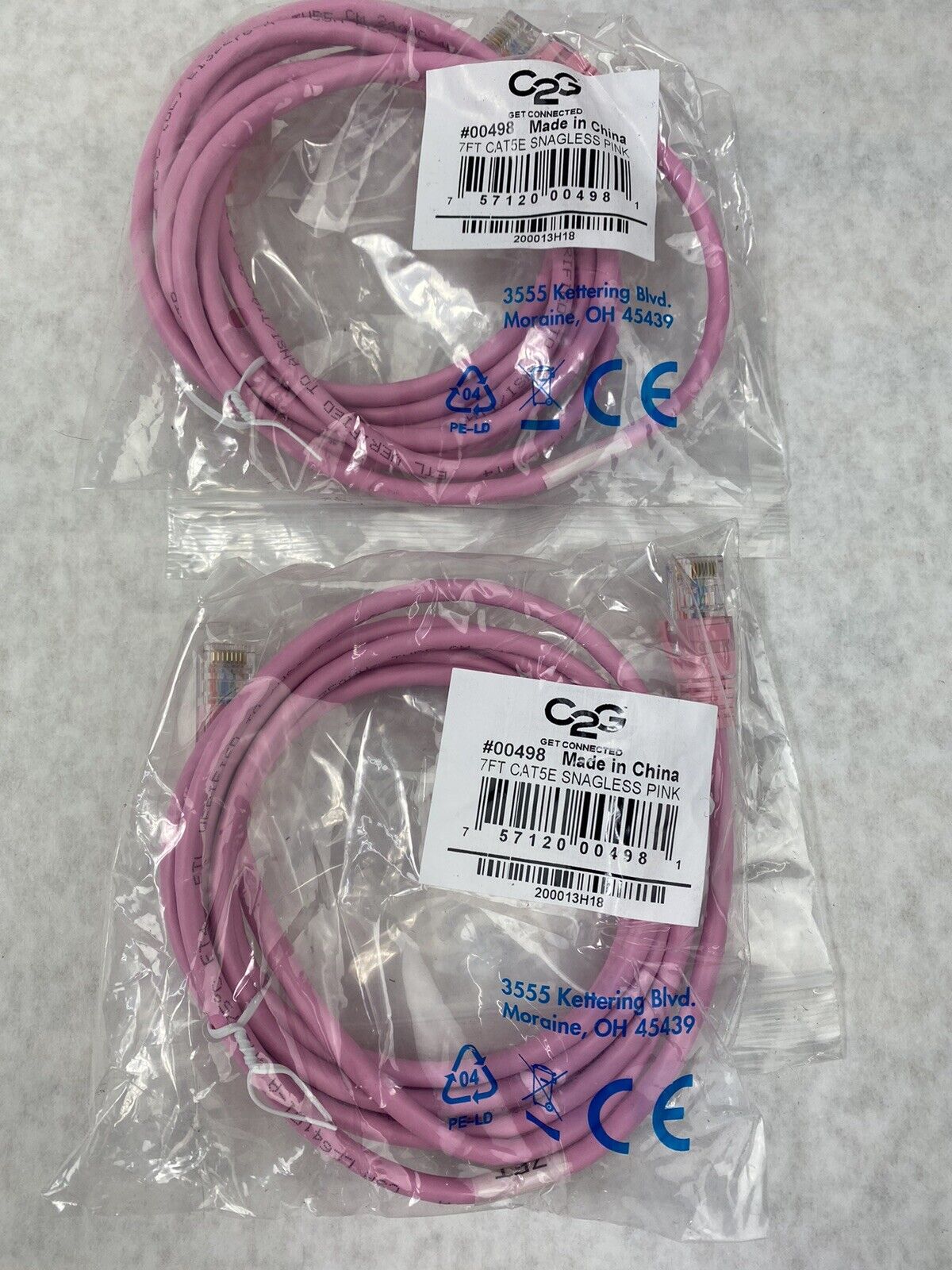 Lot( 2 ) 7ft Pink Cat5e C2G 00498 Snagless Unshielded UTP Ethernet Patch Cable