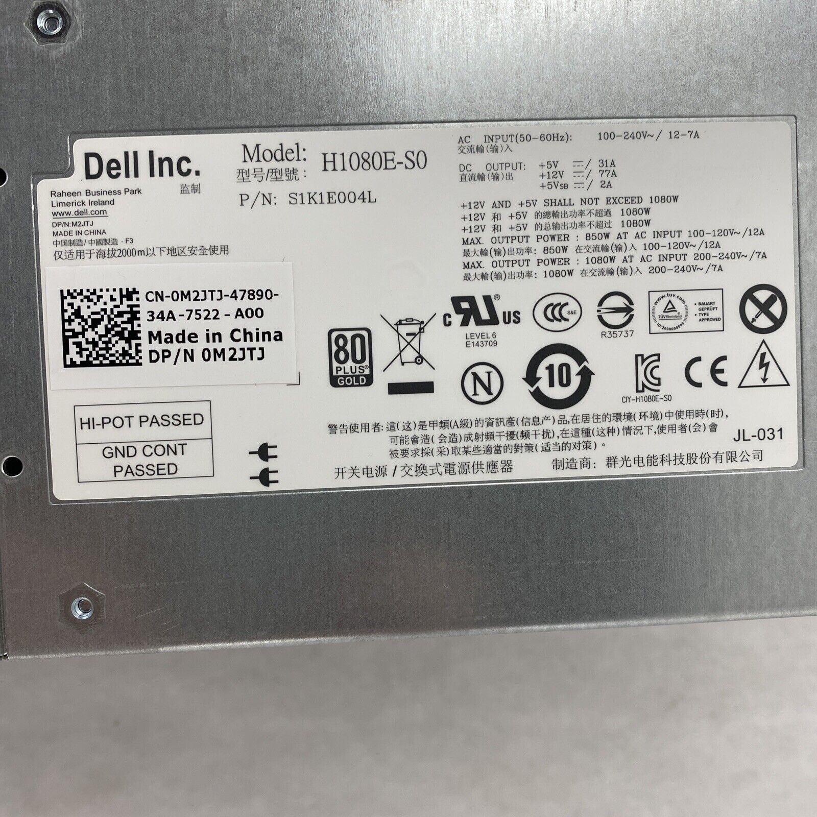 Dell 0M2JTJ 1080W Power Supply H1080E-S0 for PS6100