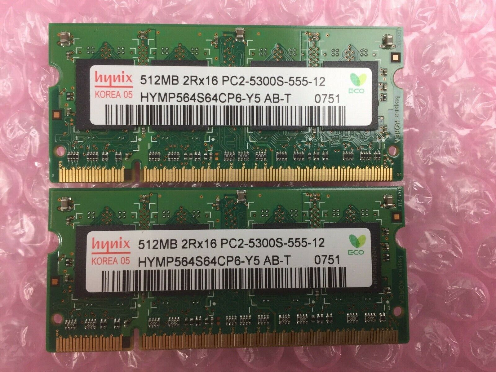 Lot of 2 Hynix 512MB 2Rx16 PC2-5300S-555-12 HYMP564S64CP6-Y5 AB-T 0751