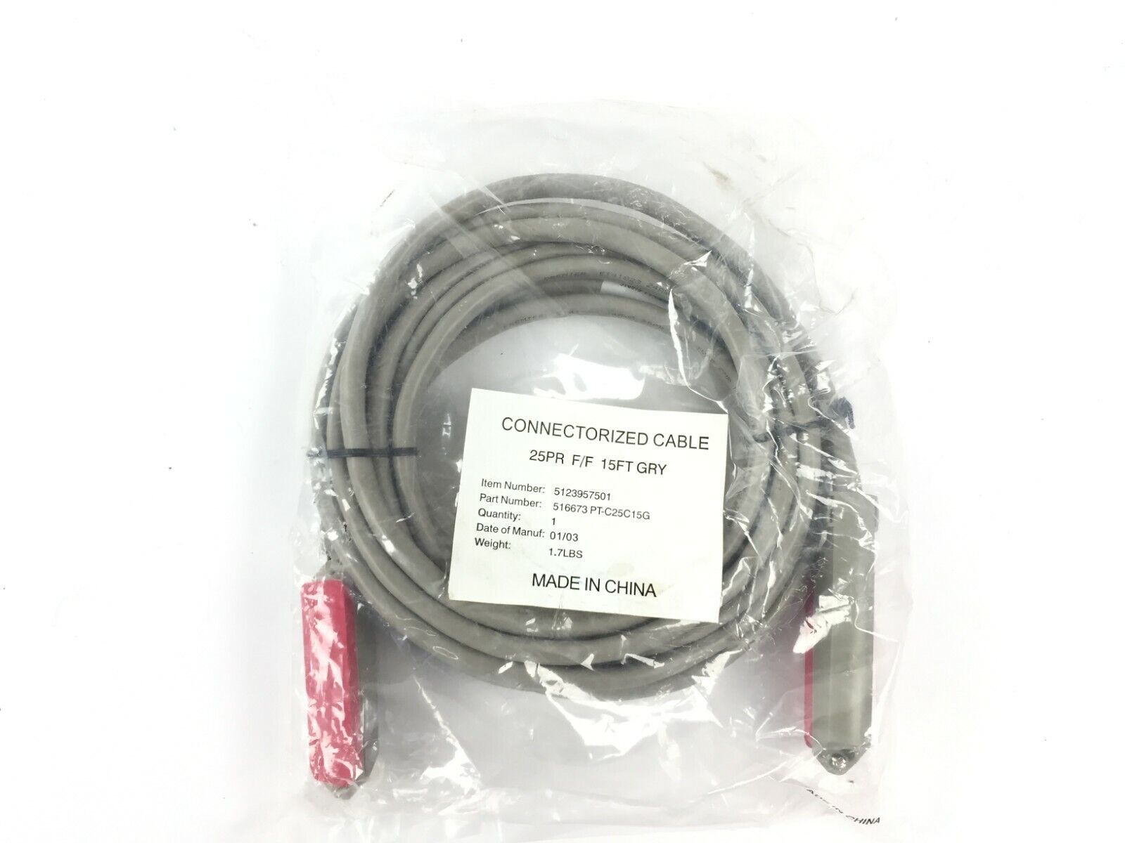 25 PR F/F 15FT GRY Connectorized Cable PN 516673 PT-C25C15G