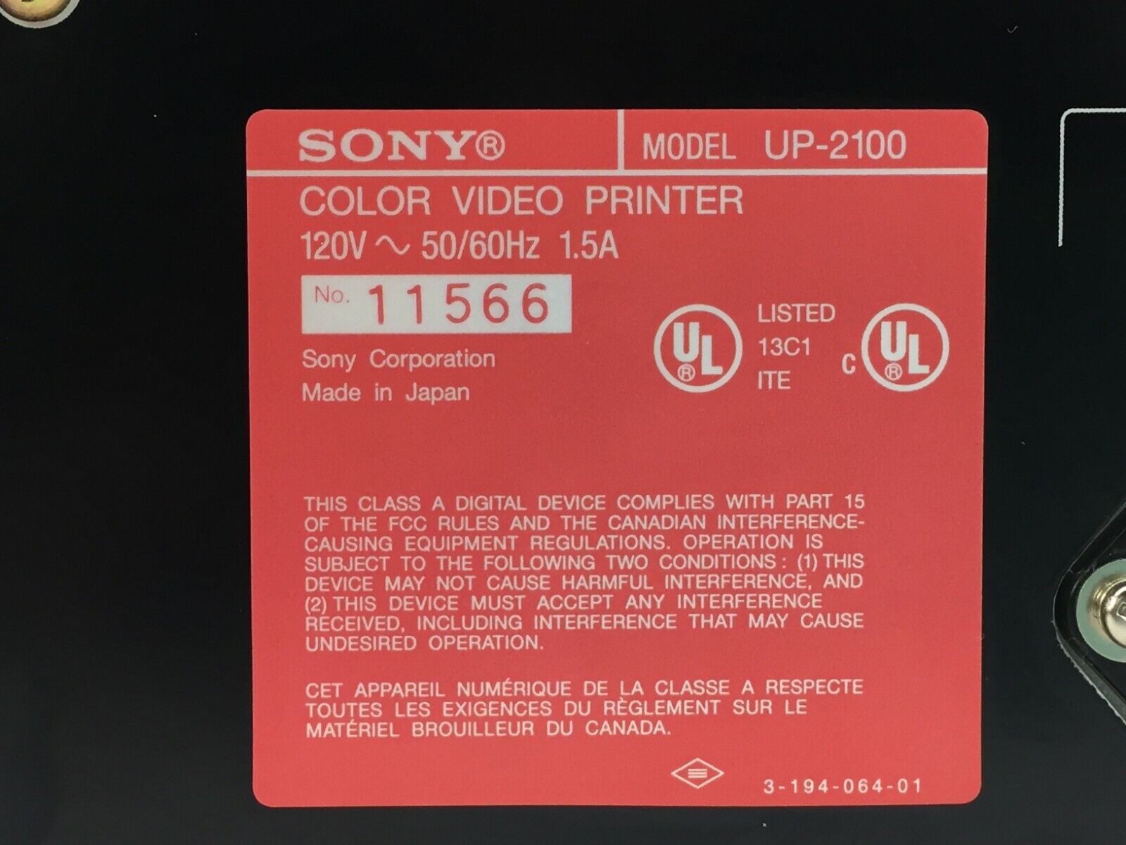 Sony UP-2100 Color Video Printer w/ Power Cord